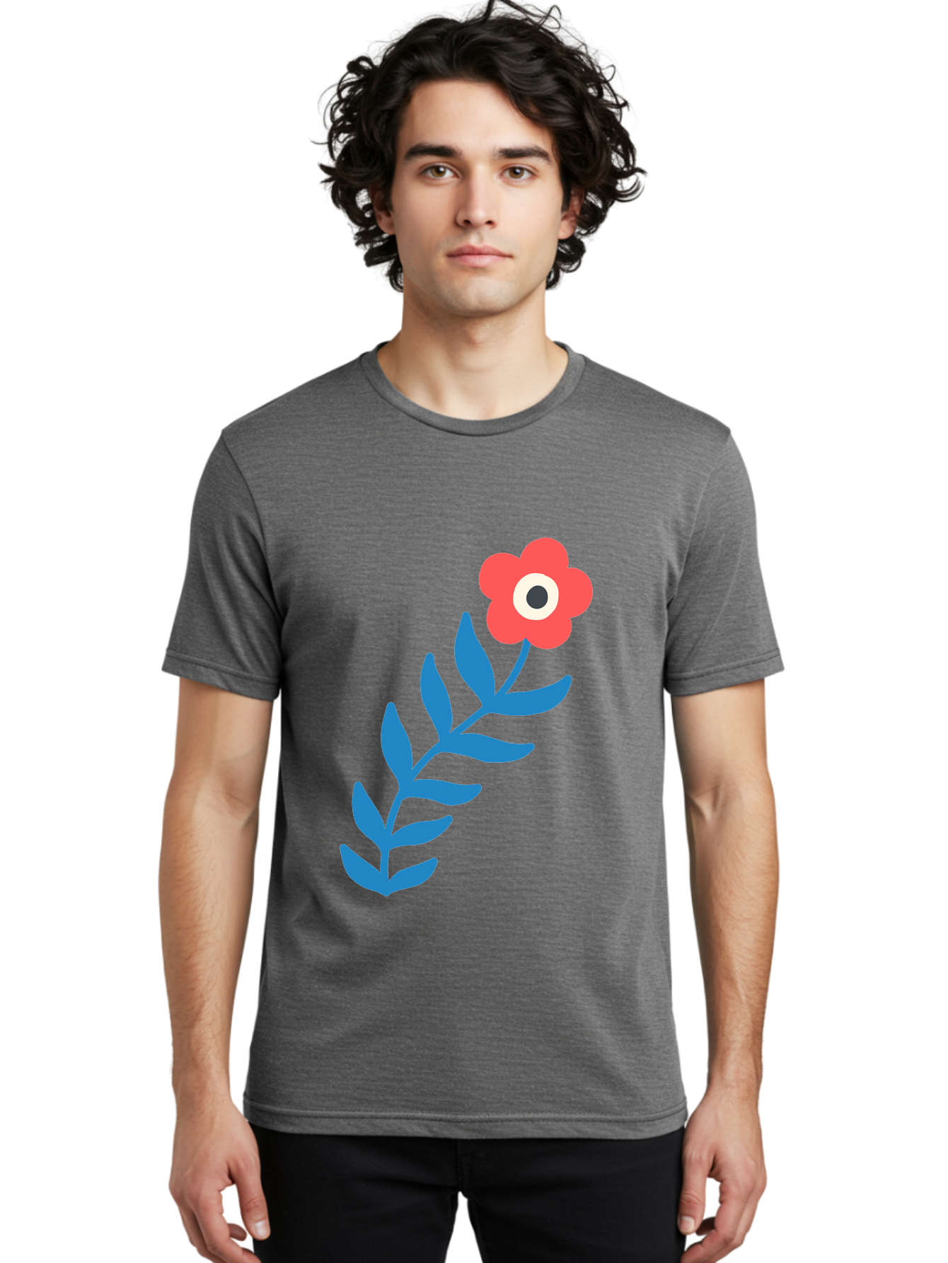 Evil-Eye-Flower Men'S Graphic Tee, 100% Cotton, Comfortable Casual Summer Wear, Machine Washable, Red Flower With White And Black Center, Blue Leaves, Abstract Floral Design, Modern Art, Stylized Bloom, Simple Shapes, Minimalist Illustration Aab697