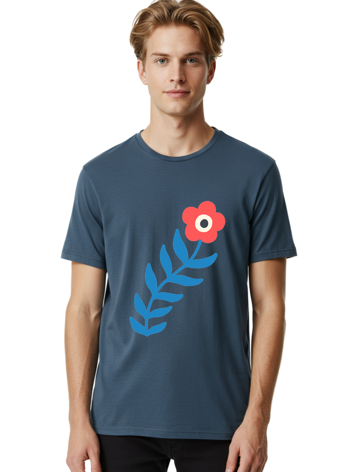 Evil-Eye-Flower Men'S Graphic Tee, 100% Cotton, Comfortable Casual Summer Wear, Machine Washable, Red Flower With White And Black Center, Blue Leaves, Abstract Floral Design, Modern Art, Stylized Bloom, Simple Shapes, Minimalist Illustration Aab697