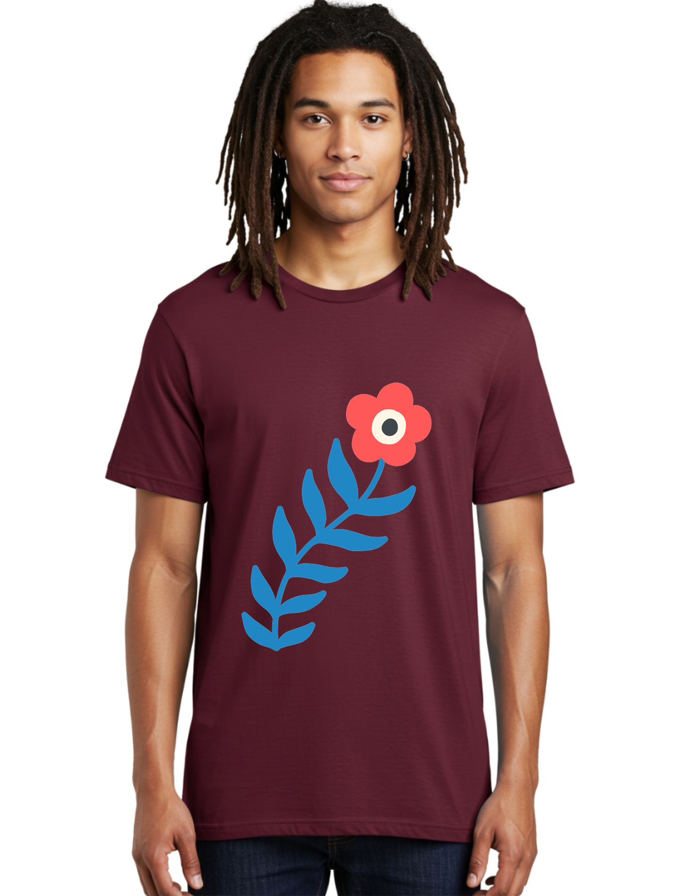 Evil-Eye-Flower Men'S Graphic Tee, 100% Cotton, Comfortable Casual Summer Wear, Machine Washable, Red Flower With White And Black Center, Blue Leaves, Abstract Floral Design, Modern Art, Stylized Bloom, Simple Shapes, Minimalist Illustration Aab697