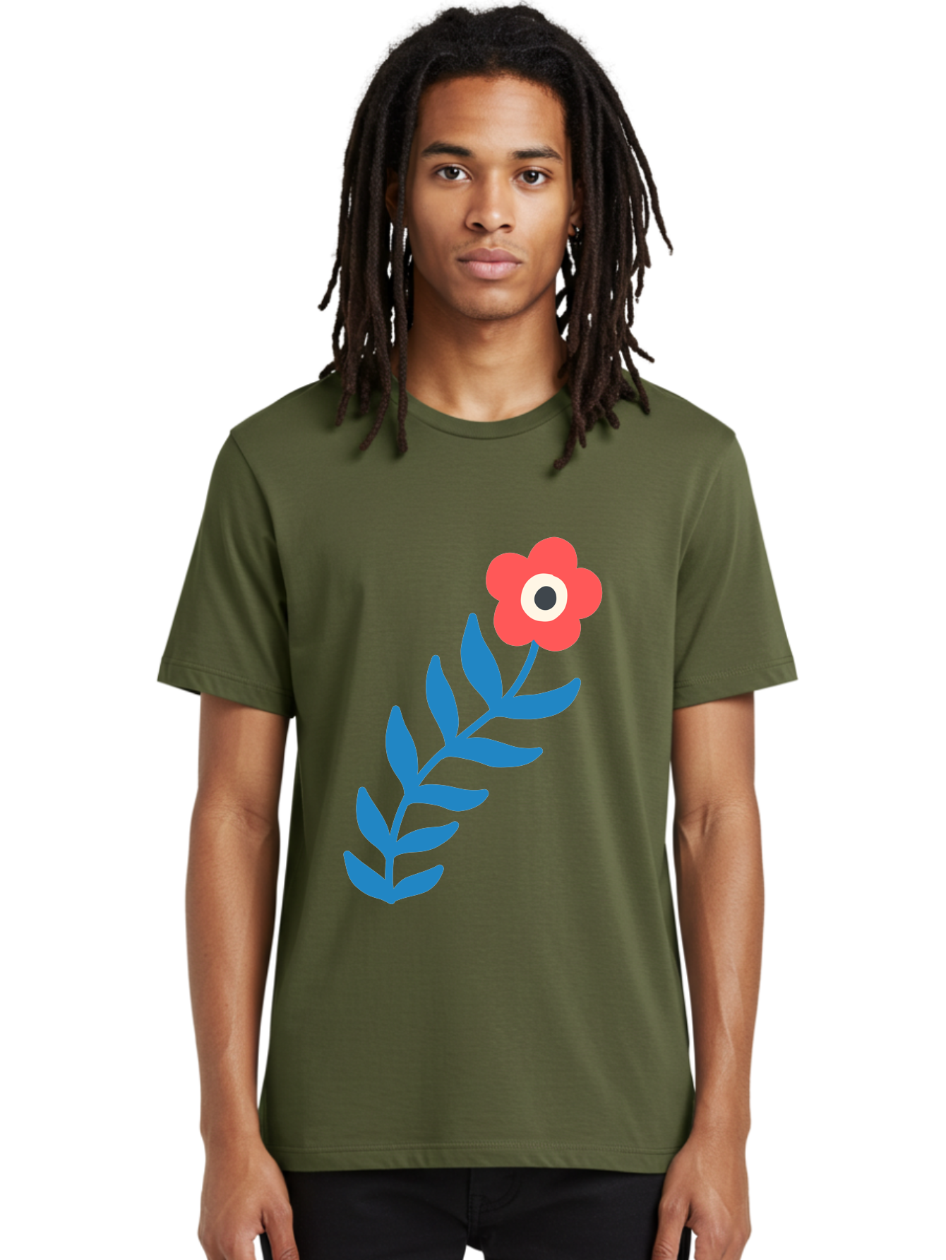 Evil-Eye-Flower Men'S Graphic Tee, 100% Cotton, Comfortable Casual Summer Wear, Machine Washable, Red Flower With White And Black Center, Blue Leaves, Abstract Floral Design, Modern Art, Stylized Bloom, Simple Shapes, Minimalist Illustration Aab697