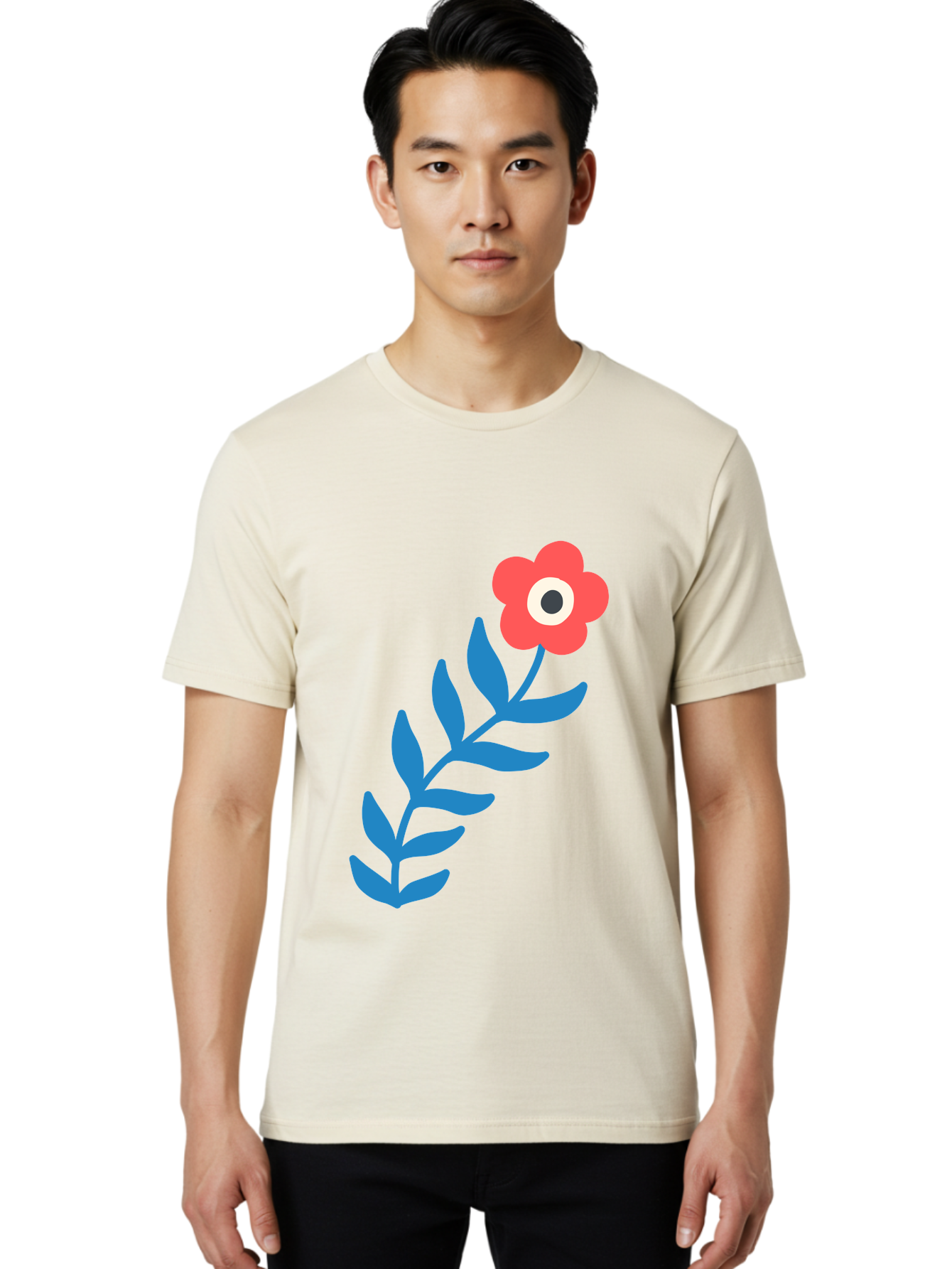 Evil-Eye-Flower Men'S Graphic Tee, 100% Cotton, Comfortable Casual Summer Wear, Machine Washable, Red Flower With White And Black Center, Blue Leaves, Abstract Floral Design, Modern Art, Stylized Bloom, Simple Shapes, Minimalist Illustration Aab697