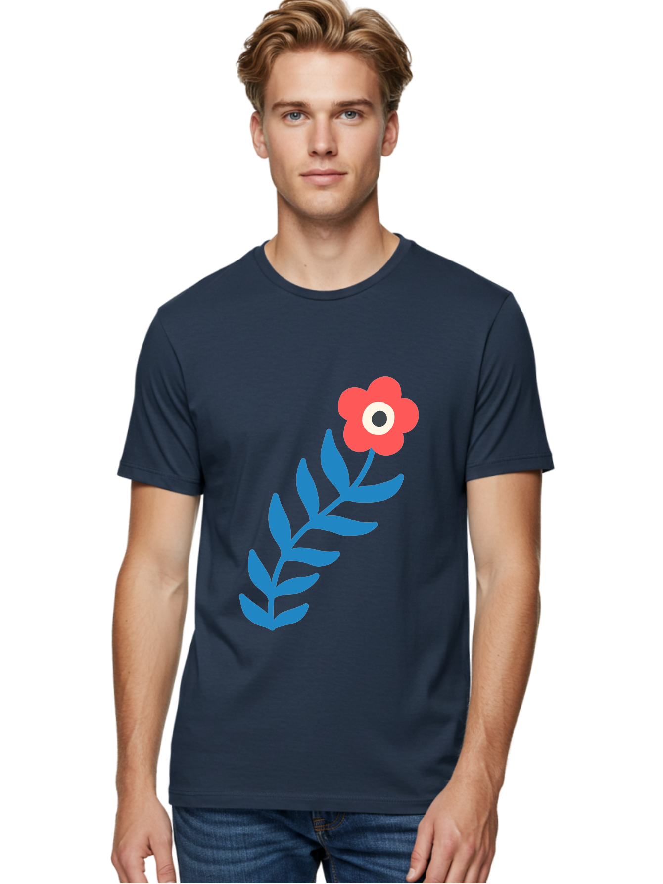 Evil-Eye-Flower Men'S Graphic Tee, 100% Cotton, Comfortable Casual Summer Wear, Machine Washable, Red Flower With White And Black Center, Blue Leaves, Abstract Floral Design, Modern Art, Stylized Bloom, Simple Shapes, Minimalist Illustration Aab697