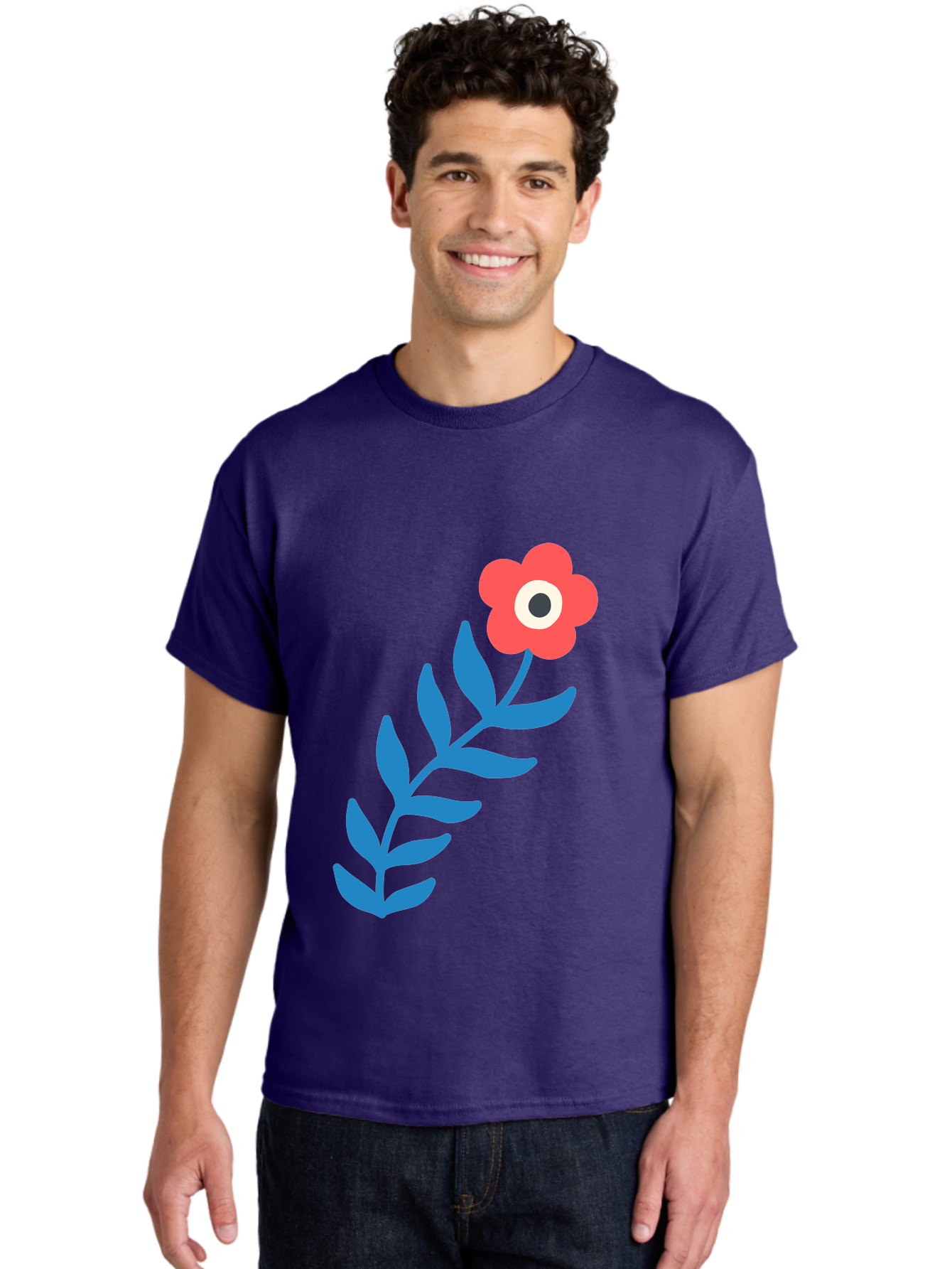 Evil-Eye-Flower Men'S Graphic Tee, 100% Cotton, Comfortable Casual Summer Wear, Machine Washable, Red Flower With White And Black Center, Blue Leaves, Abstract Floral Design, Modern Art, Stylized Bloom, Simple Shapes, Minimalist Illustration Aab697
