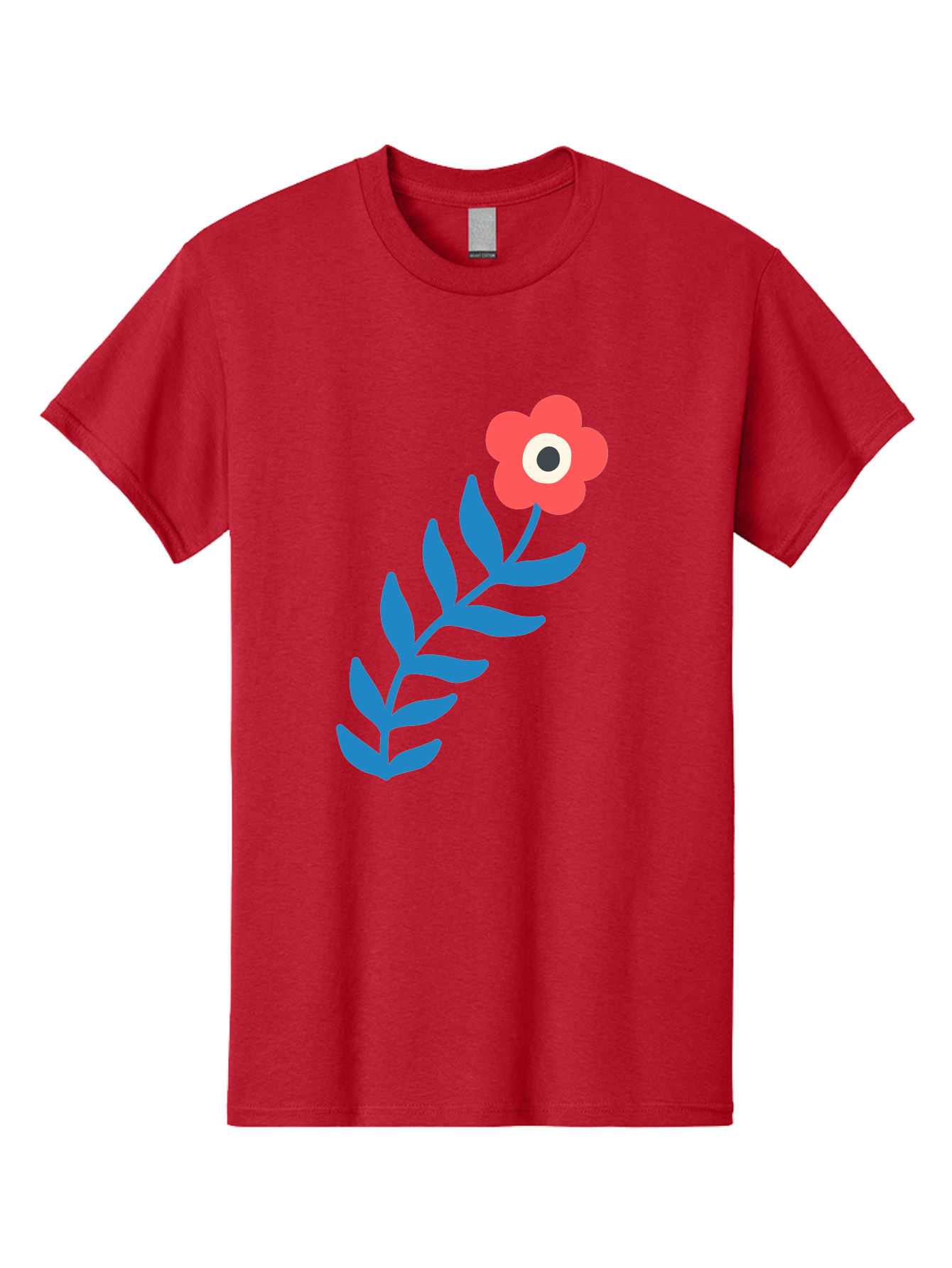 Evil-Eye-Flower Men'S Graphic Tee, 100% Cotton, Comfortable Casual Summer Wear, Machine Washable, Red Flower With White And Black Center, Blue Leaves, Abstract Floral Design, Modern Art, Stylized Bloom, Simple Shapes, Minimalist Illustration Aab697