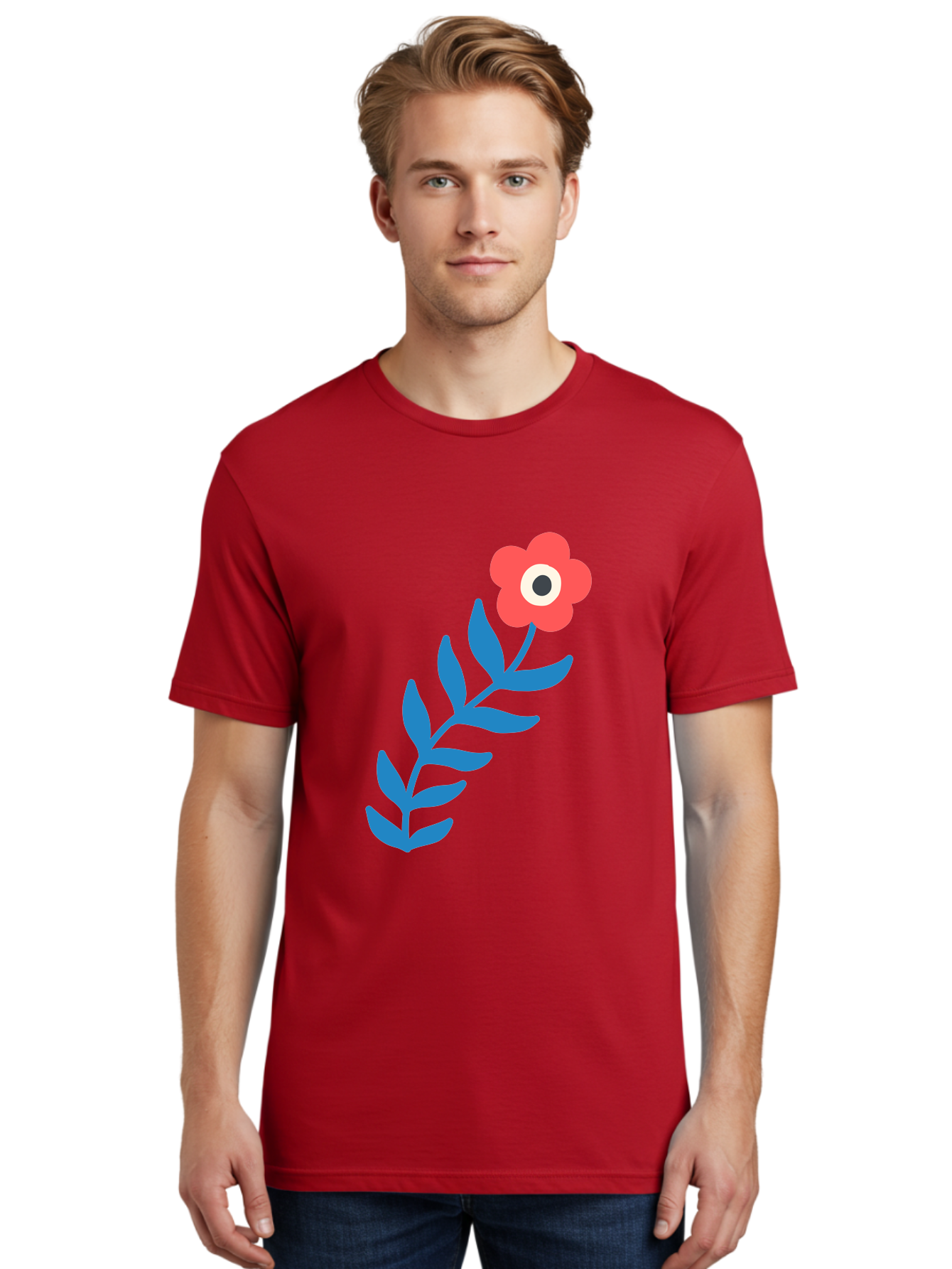 Evil-Eye-Flower Men'S Graphic Tee, 100% Cotton, Comfortable Casual Summer Wear, Machine Washable, Red Flower With White And Black Center, Blue Leaves, Abstract Floral Design, Modern Art, Stylized Bloom, Simple Shapes, Minimalist Illustration Aab697