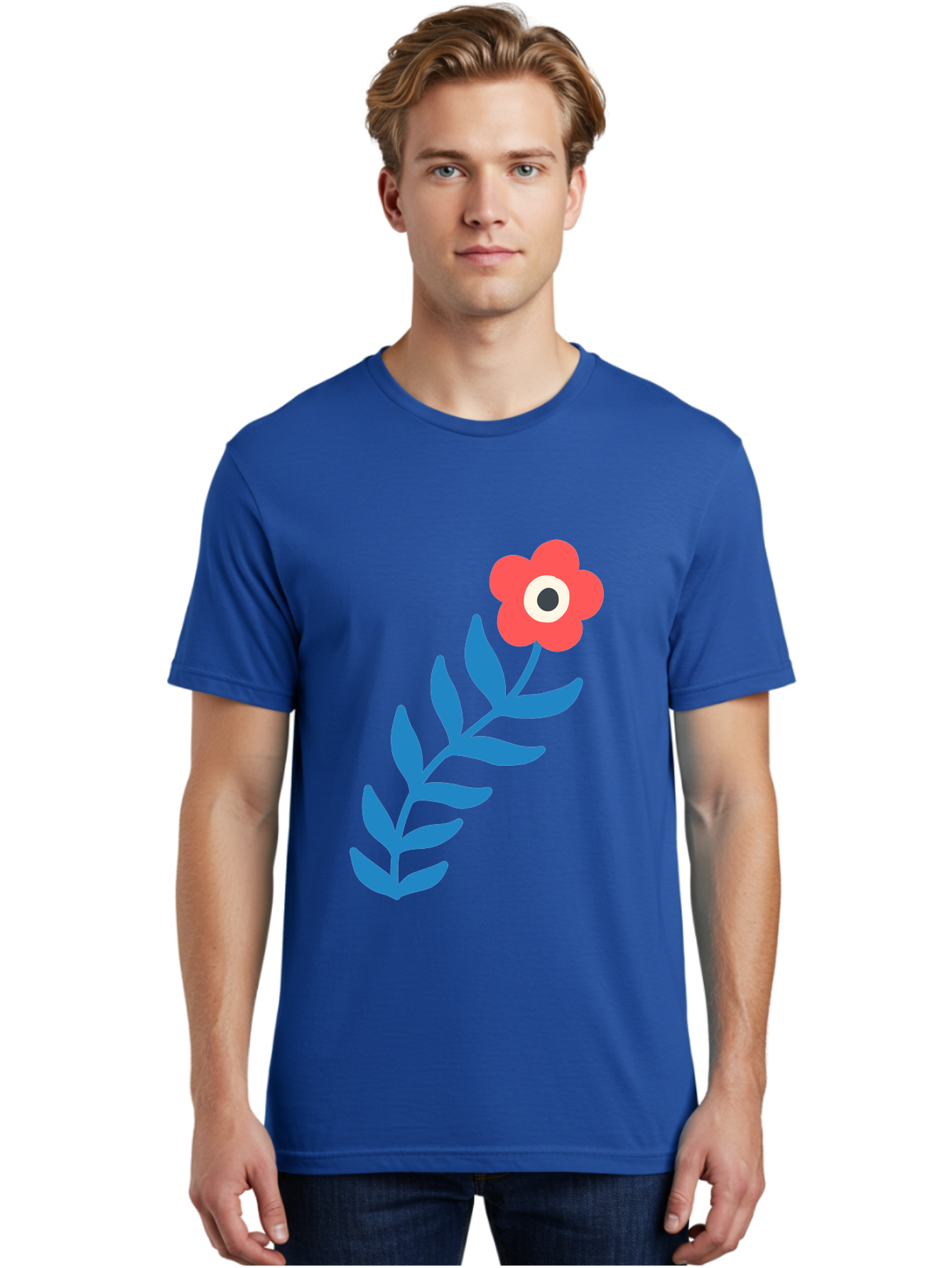 Evil-Eye-Flower Men'S Graphic Tee, 100% Cotton, Comfortable Casual Summer Wear, Machine Washable, Red Flower With White And Black Center, Blue Leaves, Abstract Floral Design, Modern Art, Stylized Bloom, Simple Shapes, Minimalist Illustration Aab697