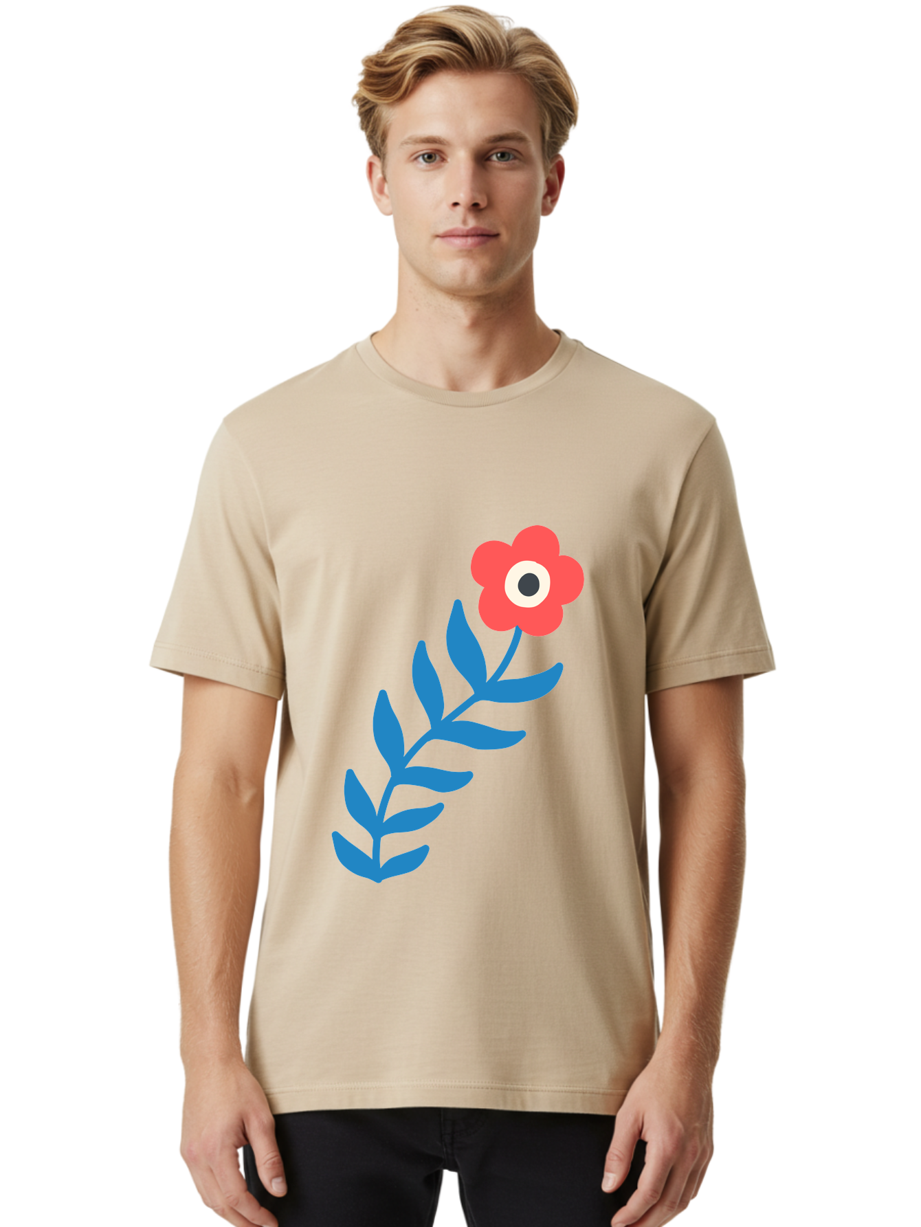 Evil-Eye-Flower Men'S Graphic Tee, 100% Cotton, Comfortable Casual Summer Wear, Machine Washable, Red Flower With White And Black Center, Blue Leaves, Abstract Floral Design, Modern Art, Stylized Bloom, Simple Shapes, Minimalist Illustration Aab697