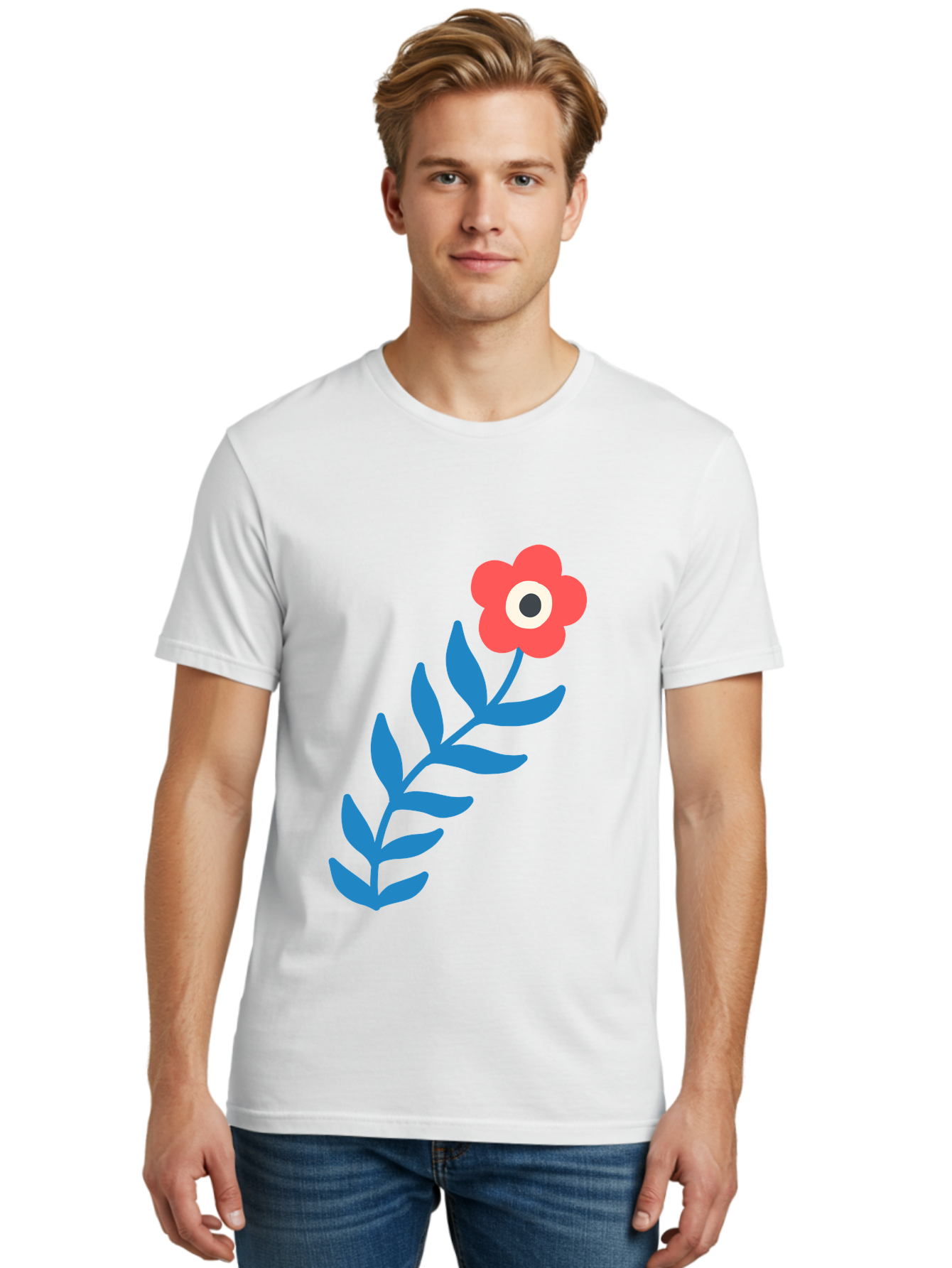 Evil-Eye-Flower Men'S Graphic Tee, 100% Cotton, Comfortable Casual Summer Wear, Machine Washable, Red Flower With White And Black Center, Blue Leaves, Abstract Floral Design, Modern Art, Stylized Bloom, Simple Shapes, Minimalist Illustration Aab697