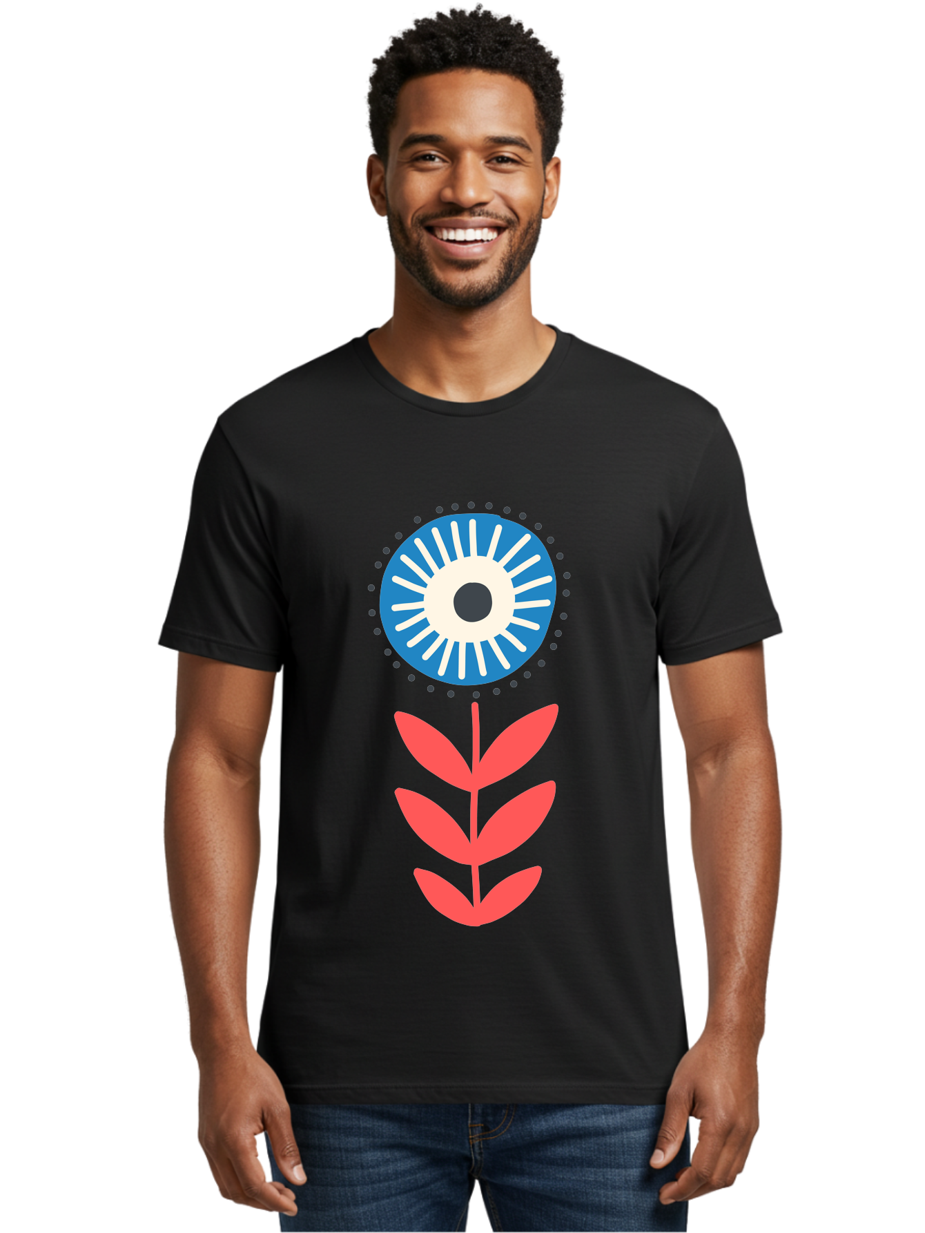 Eye-Flower-1 Men'S Graphic Tee, 100% Cotton, Comfortable Casual Summer Wear, Machine Washable, Evil Eye Symbol, Blue And White Eye, Protection Charm, Floral Design, Red Leaves, Abstract Art, Mystical Motif, Symbolic Artwork Aab698