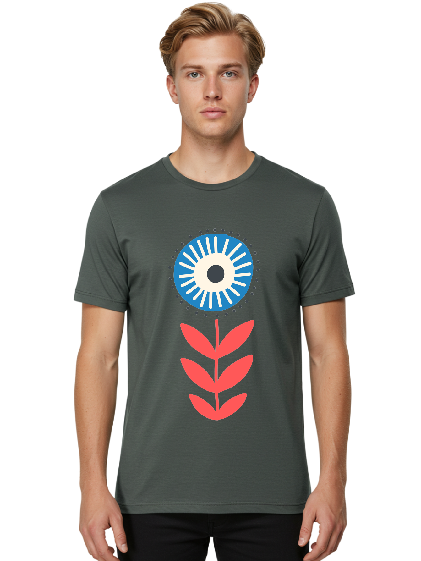 Eye-Flower-1 Men'S Graphic Tee, 100% Cotton, Comfortable Casual Summer Wear, Machine Washable, Evil Eye Symbol, Blue And White Eye, Protection Charm, Floral Design, Red Leaves, Abstract Art, Mystical Motif, Symbolic Artwork Aab698