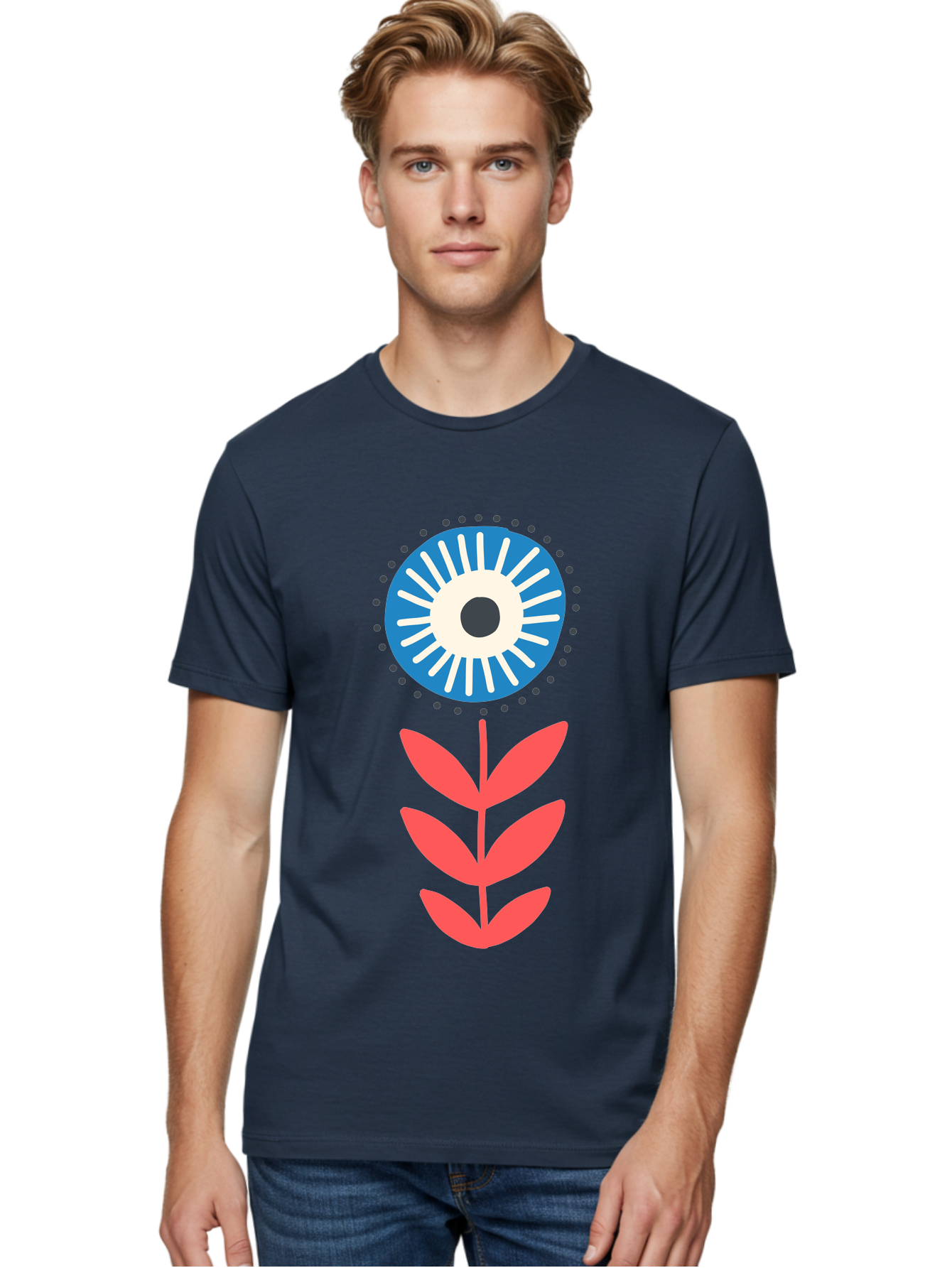 Eye-Flower-1 Men'S Graphic Tee, 100% Cotton, Comfortable Casual Summer Wear, Machine Washable, Evil Eye Symbol, Blue And White Eye, Protection Charm, Floral Design, Red Leaves, Abstract Art, Mystical Motif, Symbolic Artwork Aab698