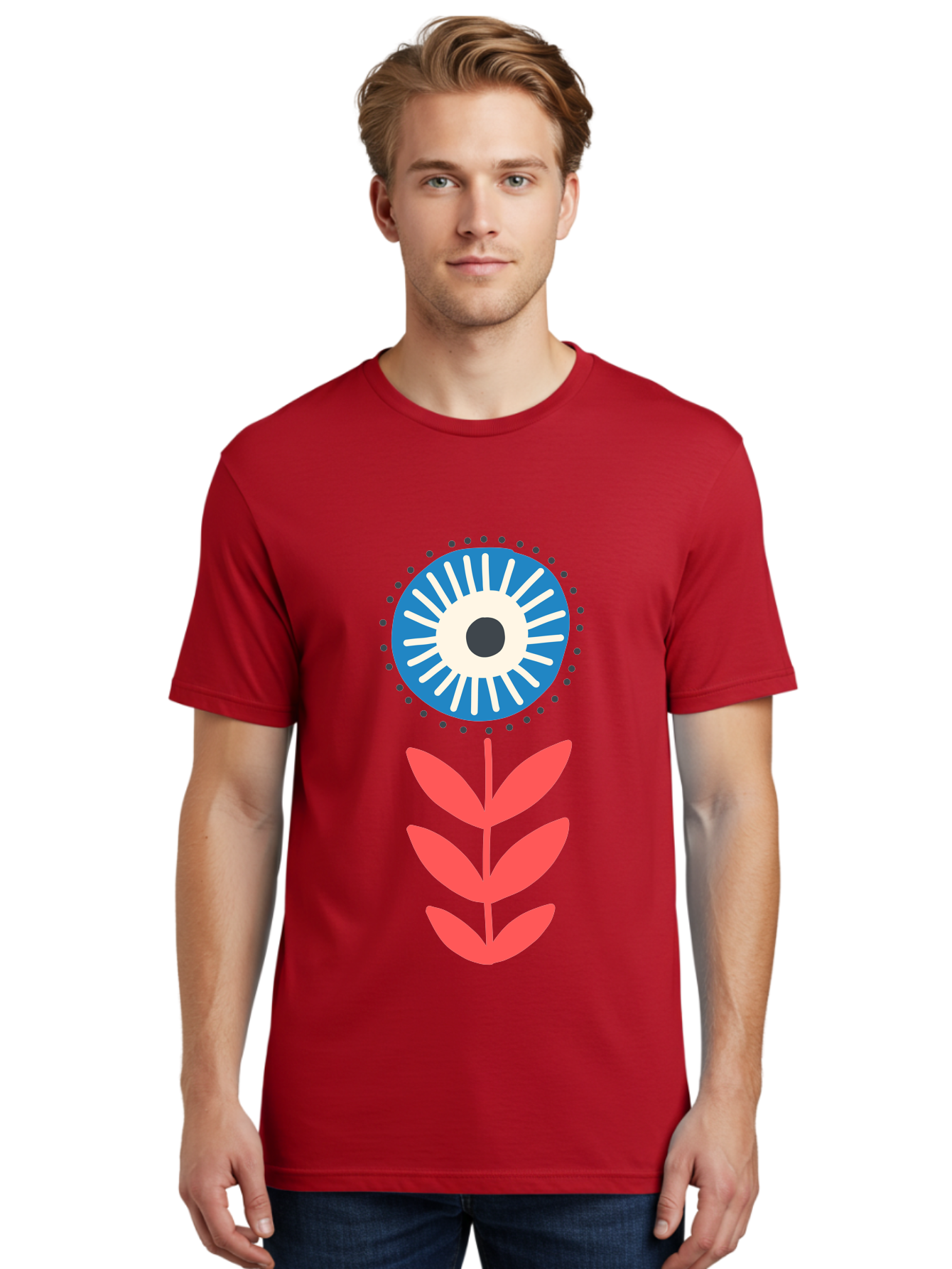 Eye-Flower-1 Men'S Graphic Tee, 100% Cotton, Comfortable Casual Summer Wear, Machine Washable, Evil Eye Symbol, Blue And White Eye, Protection Charm, Floral Design, Red Leaves, Abstract Art, Mystical Motif, Symbolic Artwork Aab698