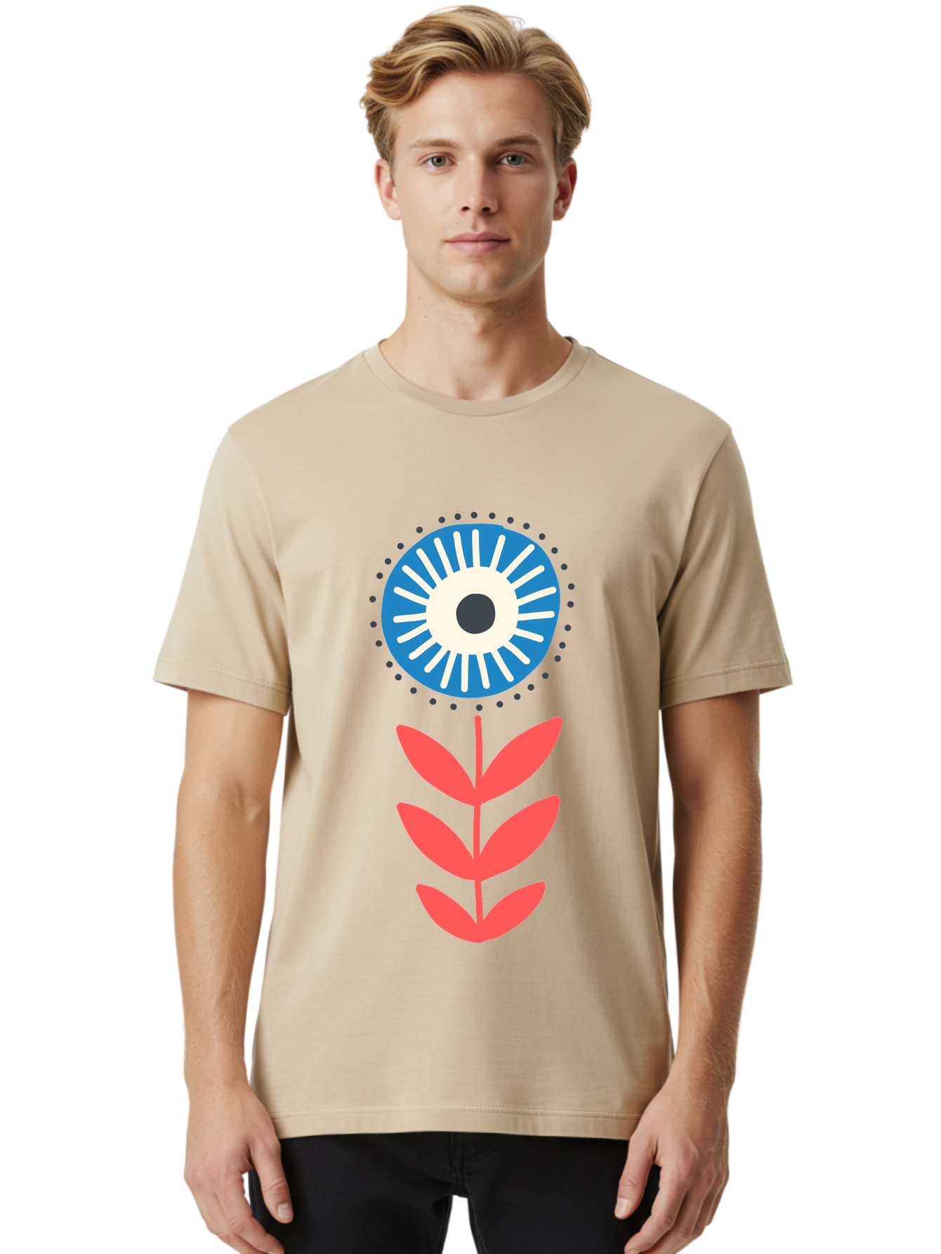 Eye-Flower-1 Men'S Graphic Tee, 100% Cotton, Comfortable Casual Summer Wear, Machine Washable, Evil Eye Symbol, Blue And White Eye, Protection Charm, Floral Design, Red Leaves, Abstract Art, Mystical Motif, Symbolic Artwork Aab698