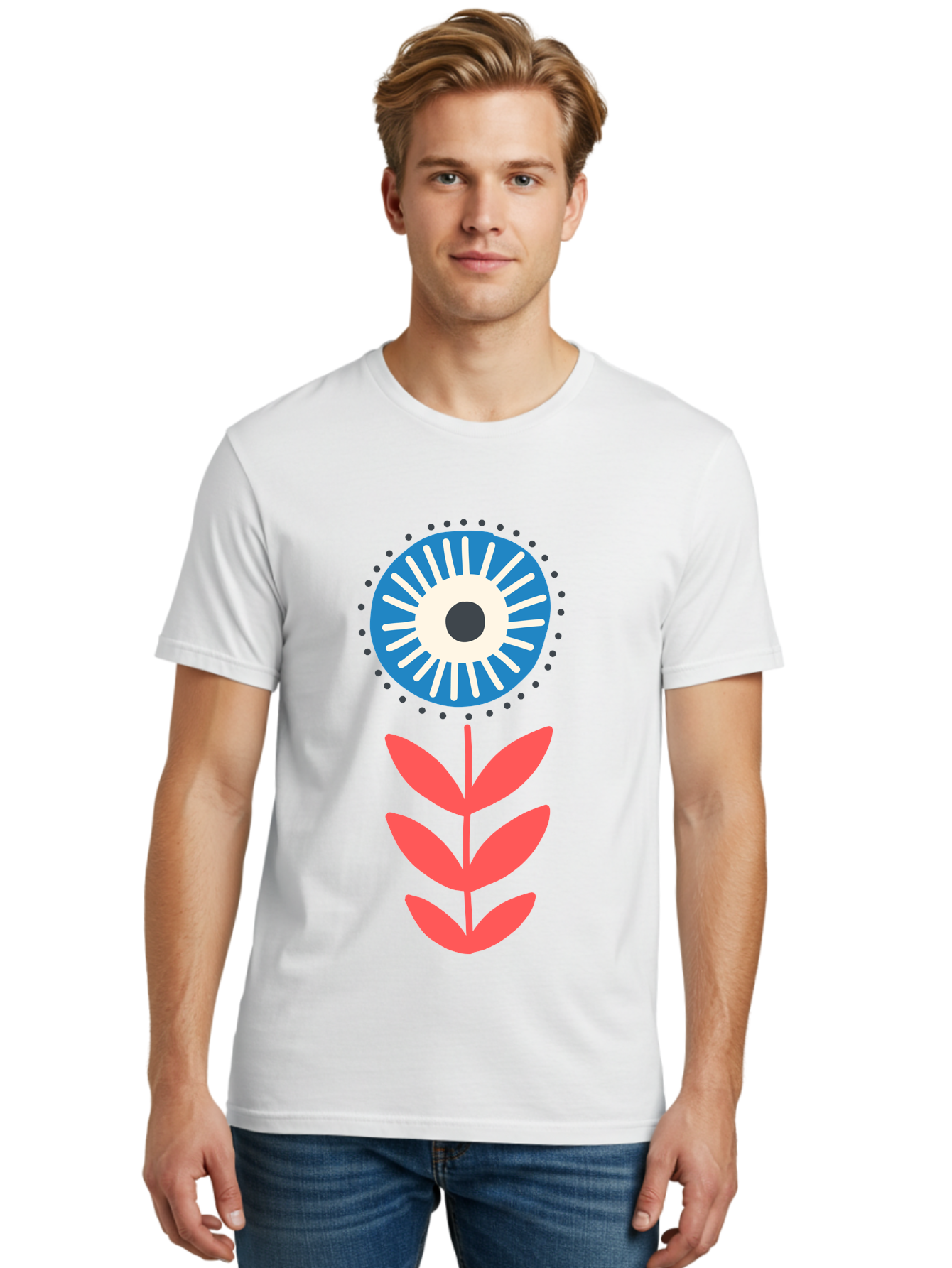 Eye-Flower-1 Men'S Graphic Tee, 100% Cotton, Comfortable Casual Summer Wear, Machine Washable, Evil Eye Symbol, Blue And White Eye, Protection Charm, Floral Design, Red Leaves, Abstract Art, Mystical Motif, Symbolic Artwork Aab698