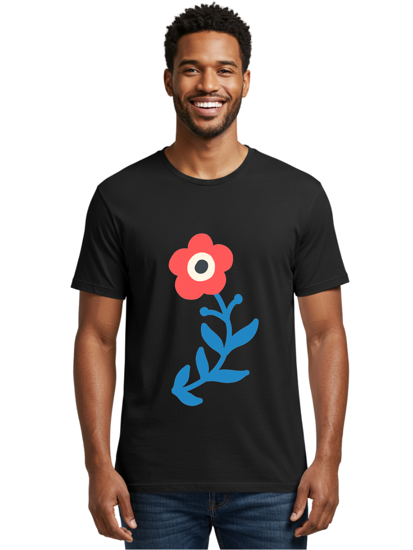 Eye-Flower Men'S Graphic Tee, 100% Cotton, Comfortable Casual Summer Wear, Machine Washable, Cartoon Flower, Floral Design, Red Bloom, Blue Leaves, Eye In Flower, Quirky Art, Illustration, Pop Art, Modern Art, Abstract Art, Red Petals, Aab699