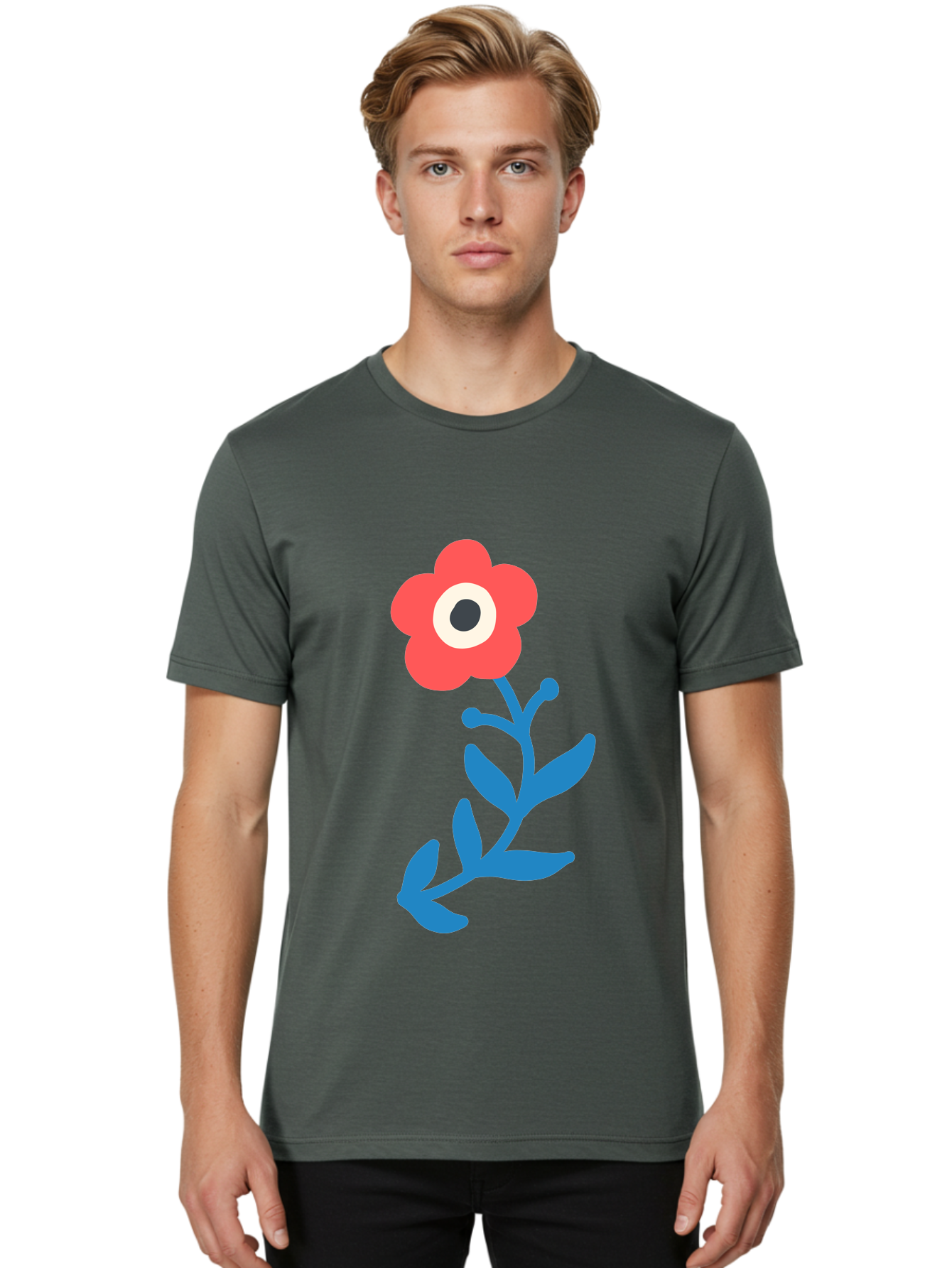 Eye-Flower Men'S Graphic Tee, 100% Cotton, Comfortable Casual Summer Wear, Machine Washable, Cartoon Flower, Floral Design, Red Bloom, Blue Leaves, Eye In Flower, Quirky Art, Illustration, Pop Art, Modern Art, Abstract Art, Red Petals, Aab699