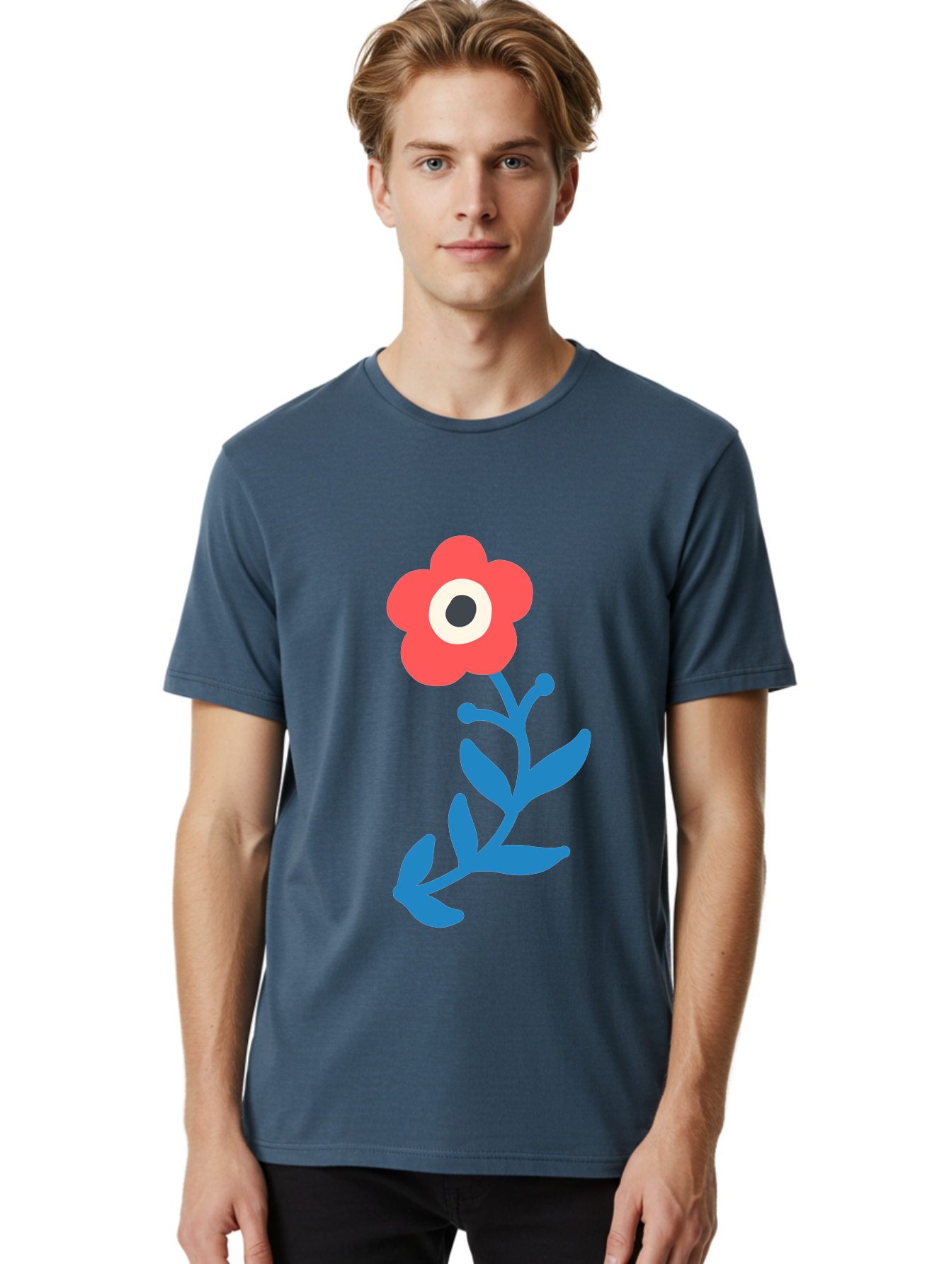 Eye-Flower Men'S Graphic Tee, 100% Cotton, Comfortable Casual Summer Wear, Machine Washable, Cartoon Flower, Floral Design, Red Bloom, Blue Leaves, Eye In Flower, Quirky Art, Illustration, Pop Art, Modern Art, Abstract Art, Red Petals, Aab699