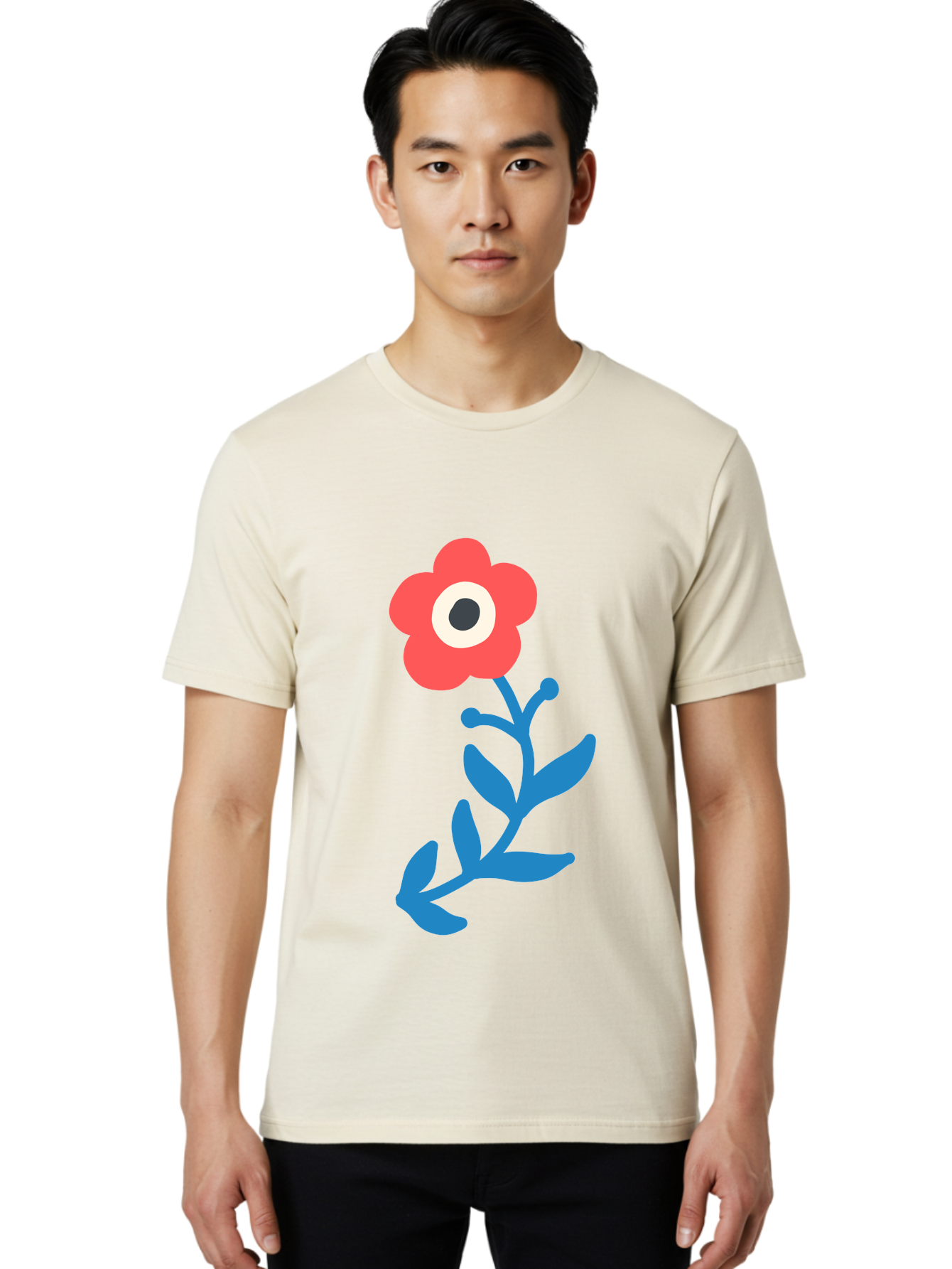 Eye-Flower Men'S Graphic Tee, 100% Cotton, Comfortable Casual Summer Wear, Machine Washable, Cartoon Flower, Floral Design, Red Bloom, Blue Leaves, Eye In Flower, Quirky Art, Illustration, Pop Art, Modern Art, Abstract Art, Red Petals, Aab699