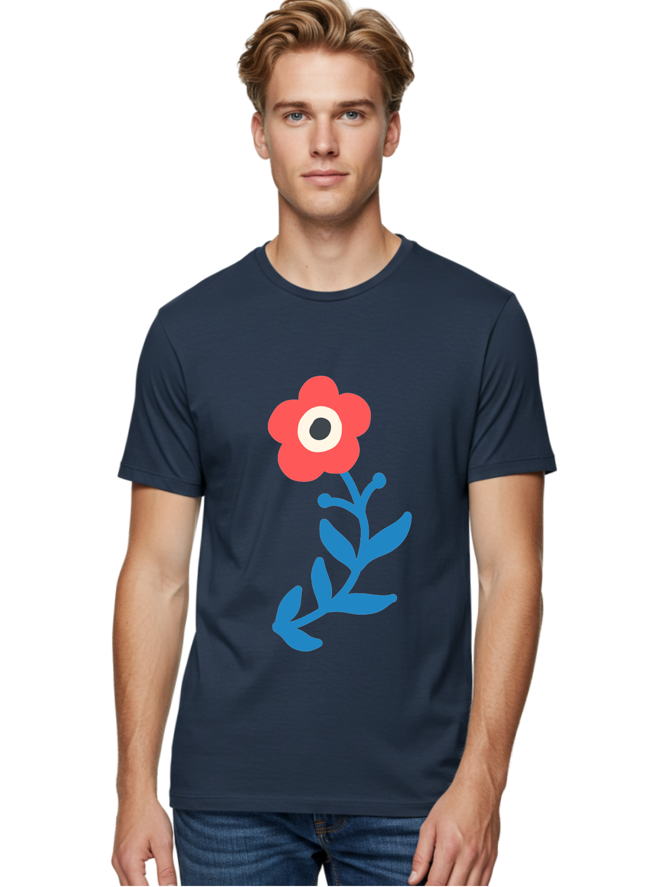 Eye-Flower Men'S Graphic Tee, 100% Cotton, Comfortable Casual Summer Wear, Machine Washable, Cartoon Flower, Floral Design, Red Bloom, Blue Leaves, Eye In Flower, Quirky Art, Illustration, Pop Art, Modern Art, Abstract Art, Red Petals, Aab699