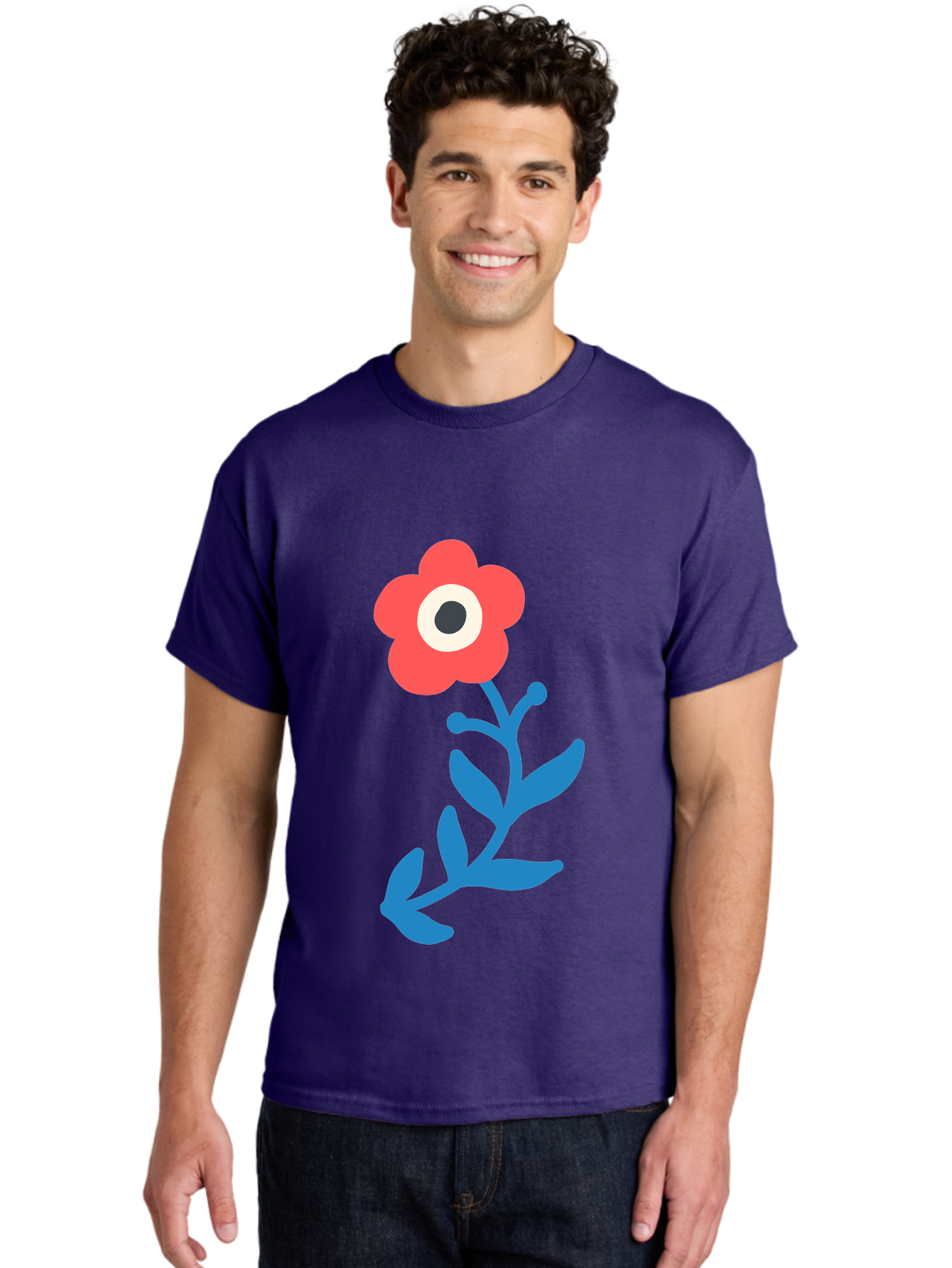 Eye-Flower Men'S Graphic Tee, 100% Cotton, Comfortable Casual Summer Wear, Machine Washable, Cartoon Flower, Floral Design, Red Bloom, Blue Leaves, Eye In Flower, Quirky Art, Illustration, Pop Art, Modern Art, Abstract Art, Red Petals, Aab699