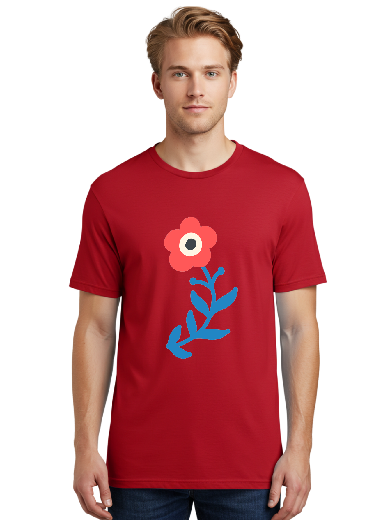 Eye-Flower Men'S Graphic Tee, 100% Cotton, Comfortable Casual Summer Wear, Machine Washable, Cartoon Flower, Floral Design, Red Bloom, Blue Leaves, Eye In Flower, Quirky Art, Illustration, Pop Art, Modern Art, Abstract Art, Red Petals, Aab699