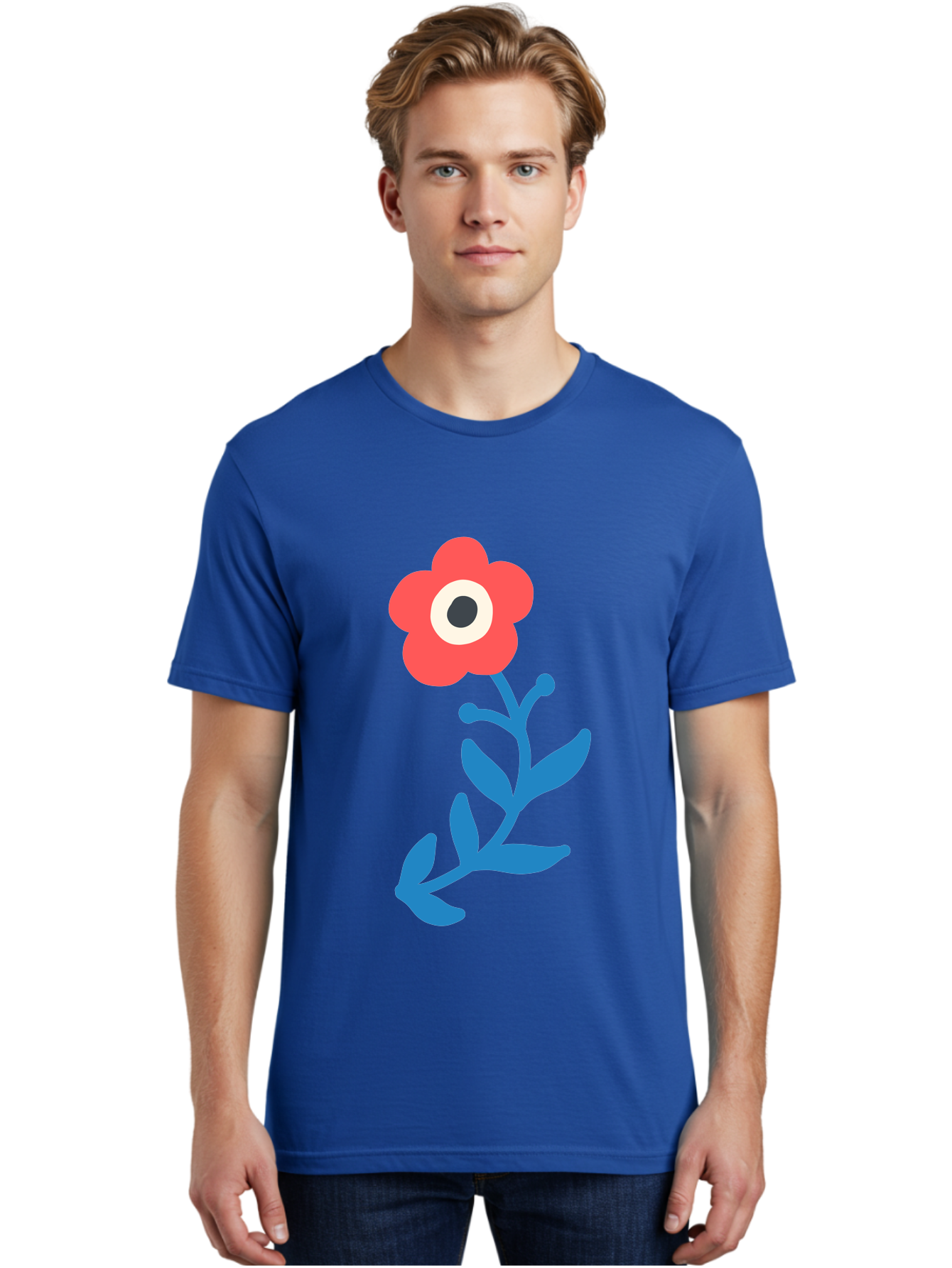 Eye-Flower Men'S Graphic Tee, 100% Cotton, Comfortable Casual Summer Wear, Machine Washable, Cartoon Flower, Floral Design, Red Bloom, Blue Leaves, Eye In Flower, Quirky Art, Illustration, Pop Art, Modern Art, Abstract Art, Red Petals, Aab699