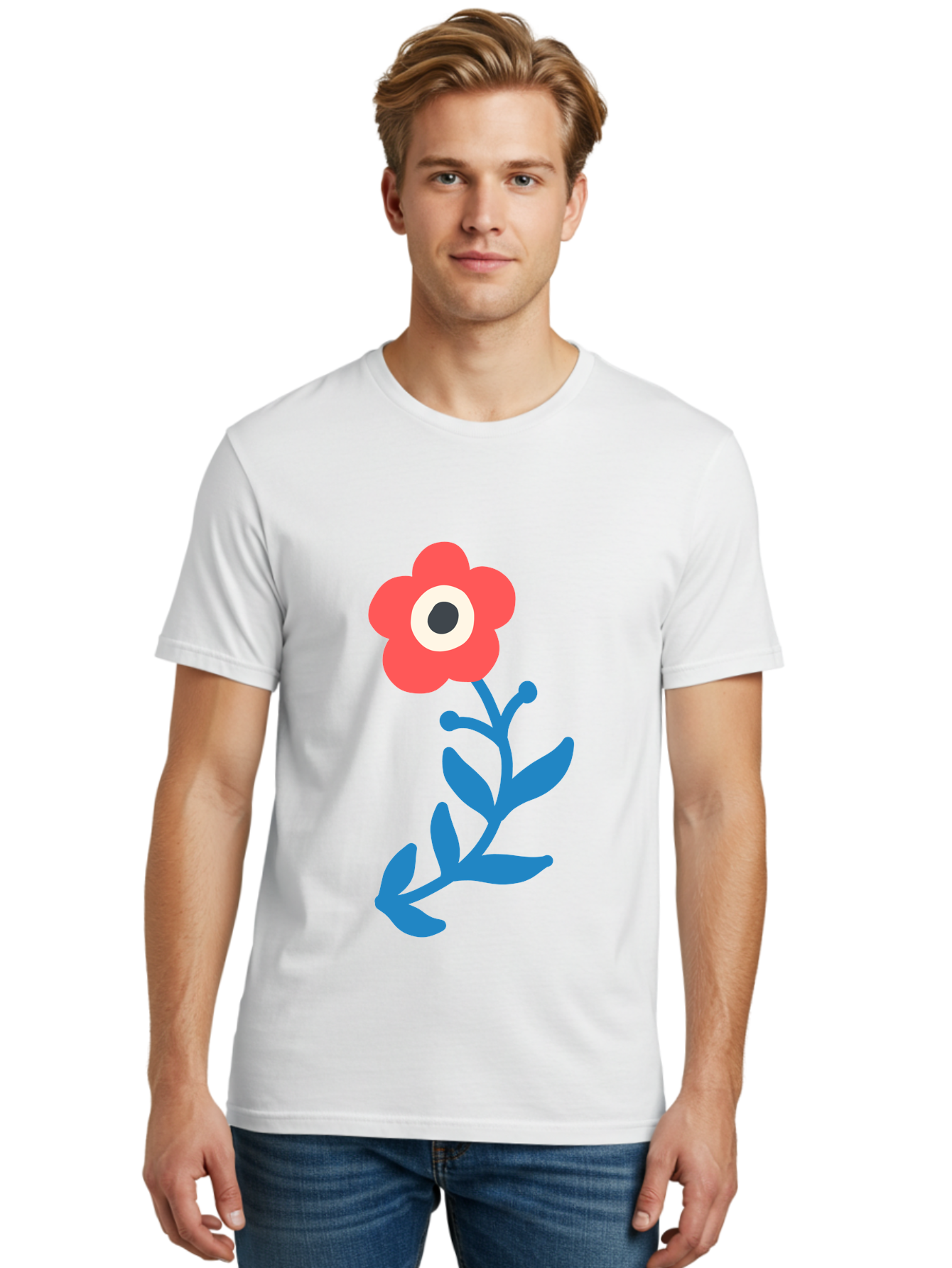 Eye-Flower Men'S Graphic Tee, 100% Cotton, Comfortable Casual Summer Wear, Machine Washable, Cartoon Flower, Floral Design, Red Bloom, Blue Leaves, Eye In Flower, Quirky Art, Illustration, Pop Art, Modern Art, Abstract Art, Red Petals, Aab699