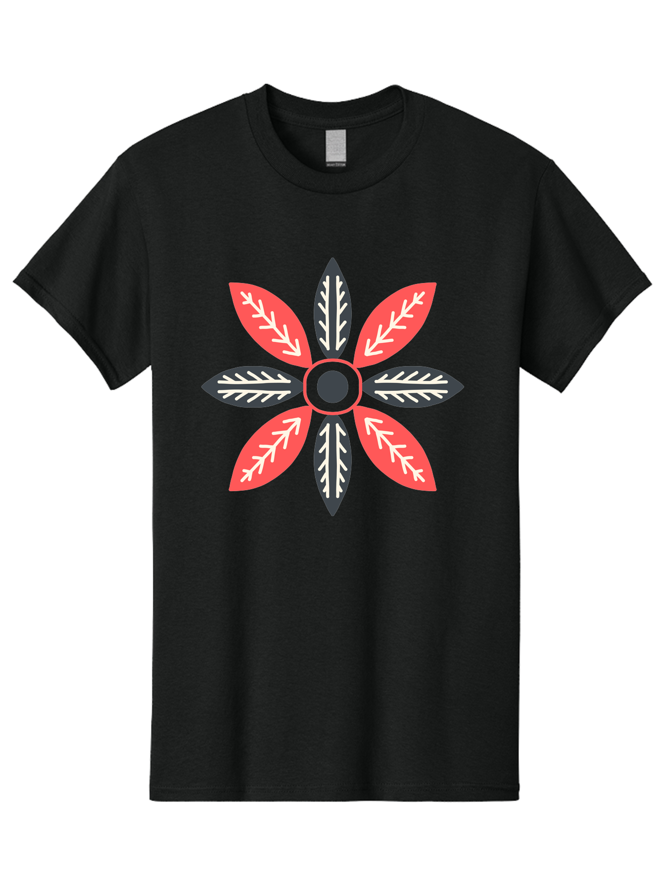 Floral-Emblem Men'S Graphic Tee, 100% Cotton, Comfortable Casual Summer Wear, Machine Washable, Symmetrical Floral Design, Red And Black Petals, White Leaf Details, Circular Pattern, Abstract Flower, Geometric Shapes, Graphic Illustration, Aab701