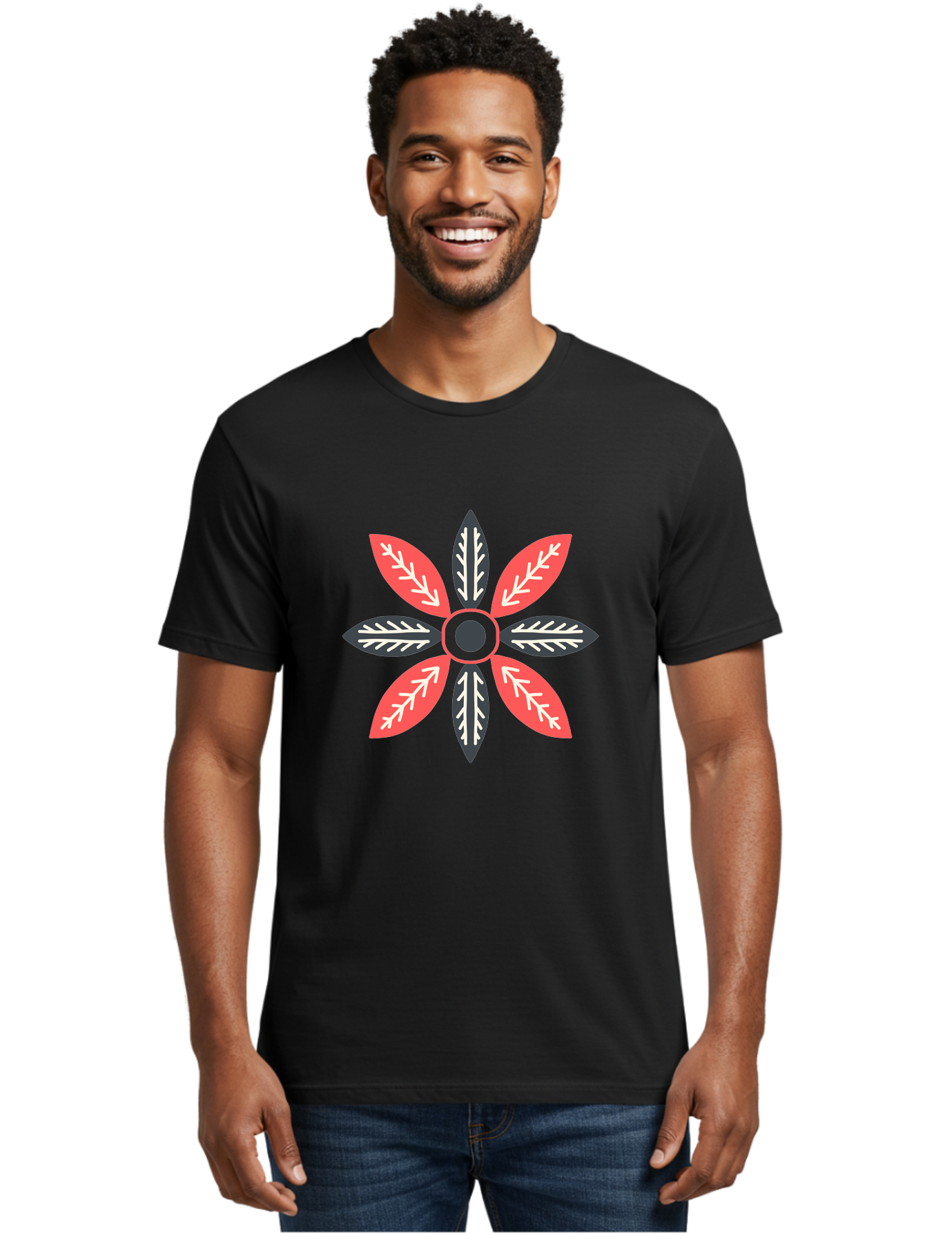 Floral-Emblem Men'S Graphic Tee, 100% Cotton, Comfortable Casual Summer Wear, Machine Washable, Symmetrical Floral Design, Red And Black Petals, White Leaf Details, Circular Pattern, Abstract Flower, Geometric Shapes, Graphic Illustration, Aab701