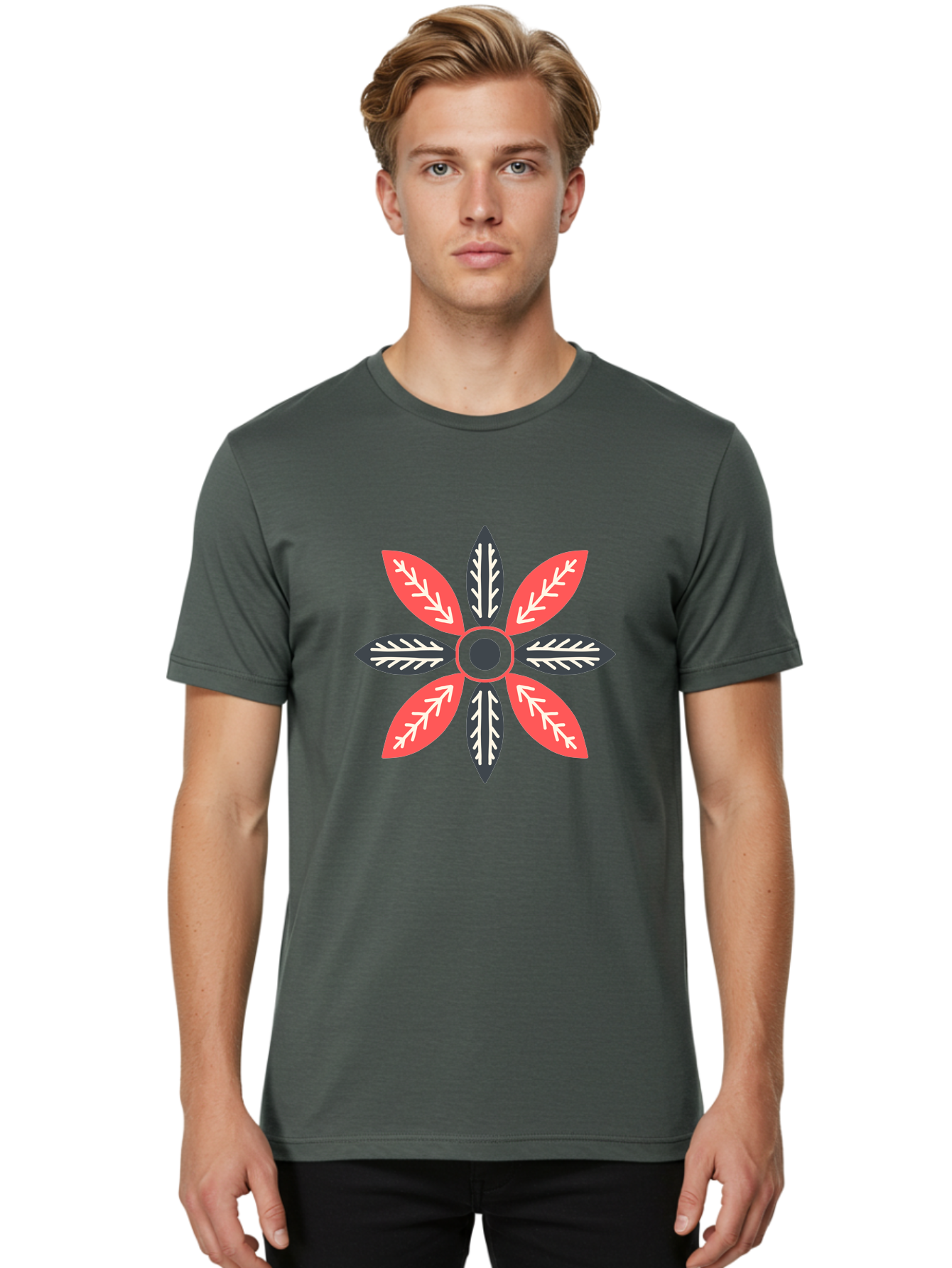 Floral-Emblem Men'S Graphic Tee, 100% Cotton, Comfortable Casual Summer Wear, Machine Washable, Symmetrical Floral Design, Red And Black Petals, White Leaf Details, Circular Pattern, Abstract Flower, Geometric Shapes, Graphic Illustration, Aab701