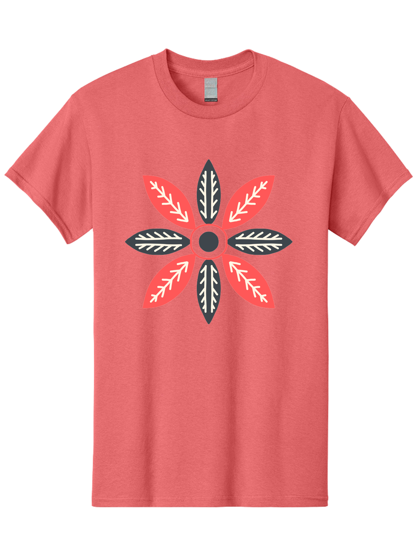 Floral-Emblem Men'S Graphic Tee, 100% Cotton, Comfortable Casual Summer Wear, Machine Washable, Symmetrical Floral Design, Red And Black Petals, White Leaf Details, Circular Pattern, Abstract Flower, Geometric Shapes, Graphic Illustration, Aab701