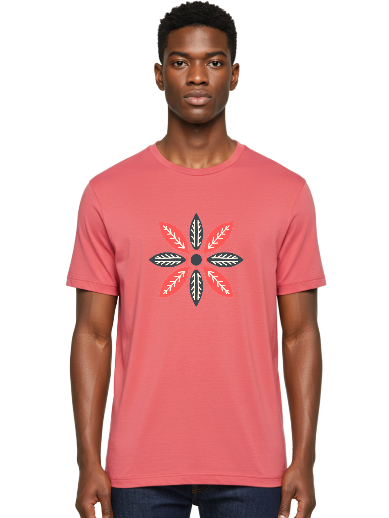 Floral-Emblem Men'S Graphic Tee, 100% Cotton, Comfortable Casual Summer Wear, Machine Washable, Symmetrical Floral Design, Red And Black Petals, White Leaf Details, Circular Pattern, Abstract Flower, Geometric Shapes, Graphic Illustration, Aab701