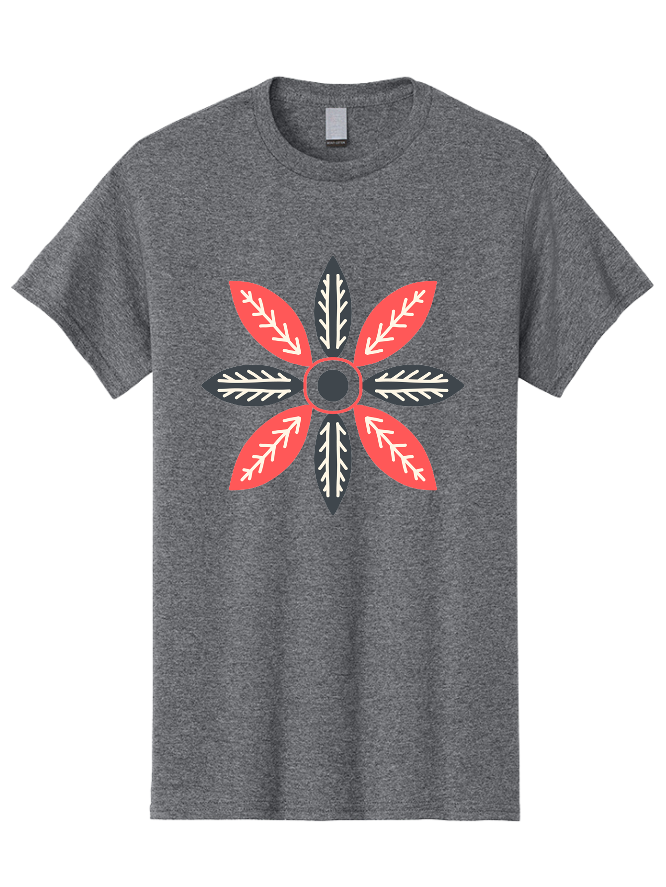 Floral-Emblem Men'S Graphic Tee, 100% Cotton, Comfortable Casual Summer Wear, Machine Washable, Symmetrical Floral Design, Red And Black Petals, White Leaf Details, Circular Pattern, Abstract Flower, Geometric Shapes, Graphic Illustration, Aab701