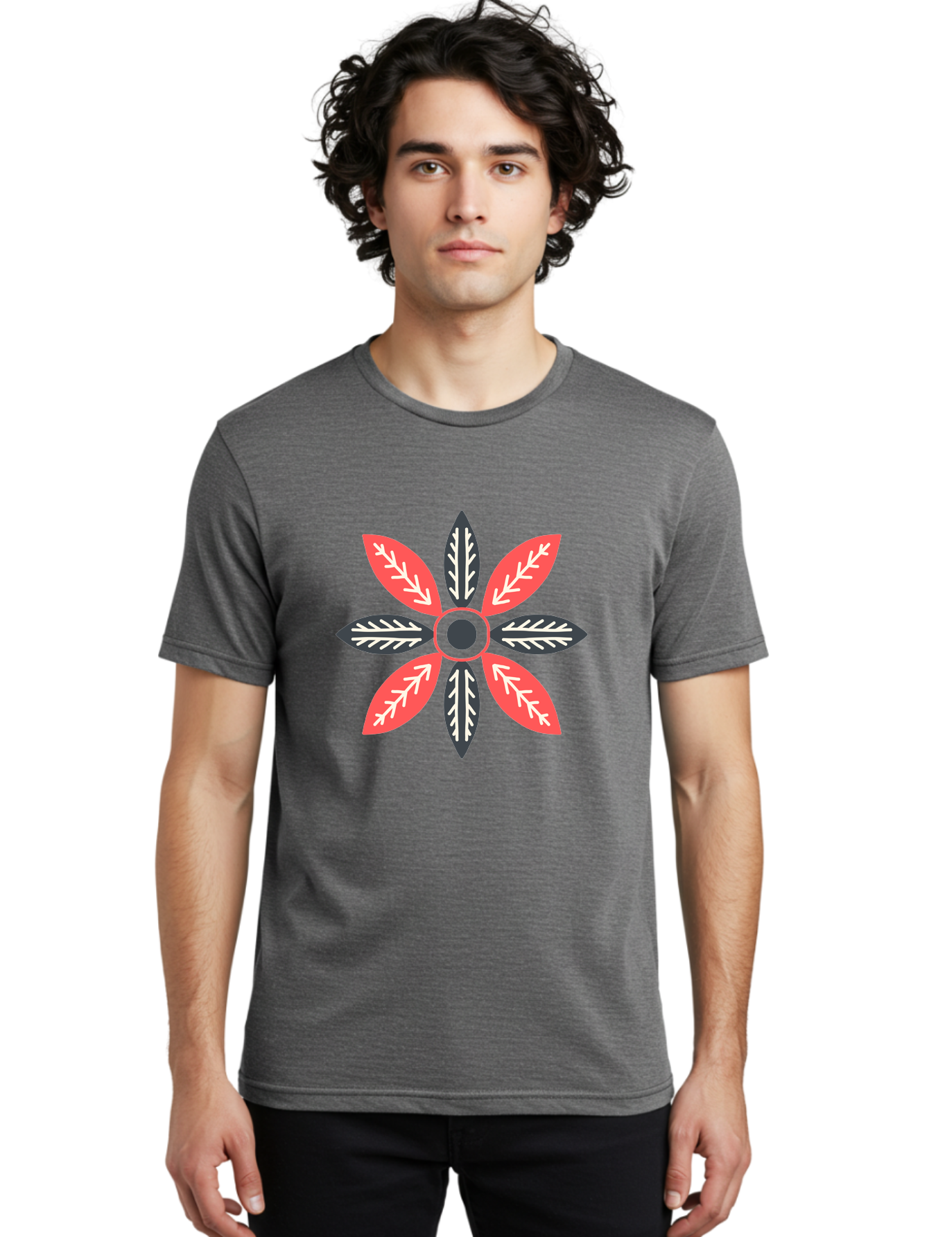 Floral-Emblem Men'S Graphic Tee, 100% Cotton, Comfortable Casual Summer Wear, Machine Washable, Symmetrical Floral Design, Red And Black Petals, White Leaf Details, Circular Pattern, Abstract Flower, Geometric Shapes, Graphic Illustration, Aab701