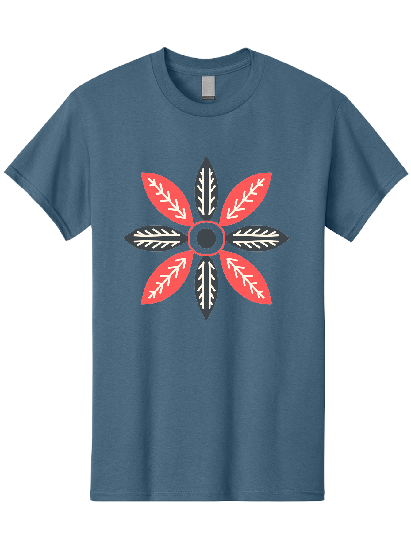 Floral-Emblem Men'S Graphic Tee, 100% Cotton, Comfortable Casual Summer Wear, Machine Washable, Symmetrical Floral Design, Red And Black Petals, White Leaf Details, Circular Pattern, Abstract Flower, Geometric Shapes, Graphic Illustration, Aab701