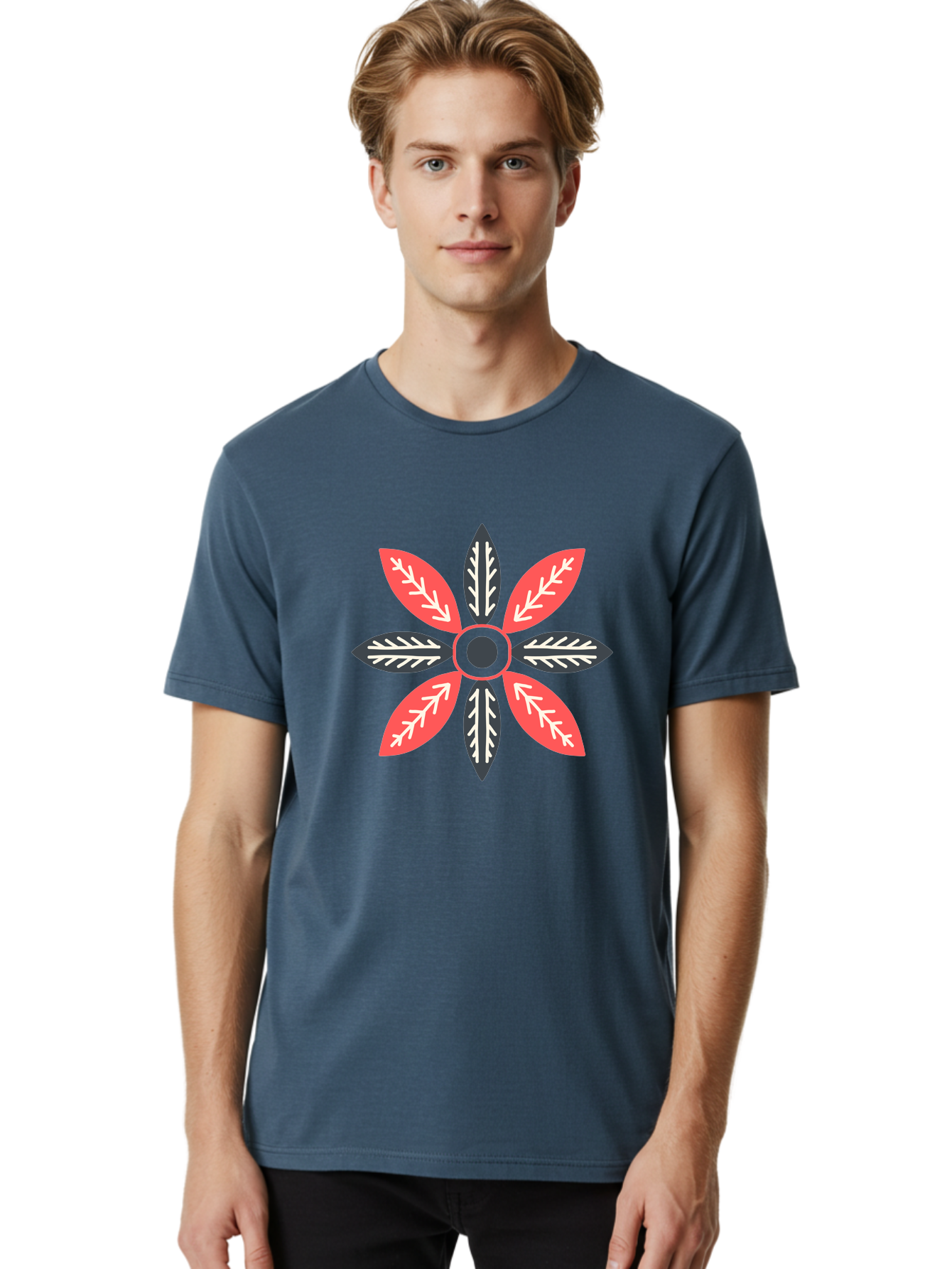 Floral-Emblem Men'S Graphic Tee, 100% Cotton, Comfortable Casual Summer Wear, Machine Washable, Symmetrical Floral Design, Red And Black Petals, White Leaf Details, Circular Pattern, Abstract Flower, Geometric Shapes, Graphic Illustration, Aab701