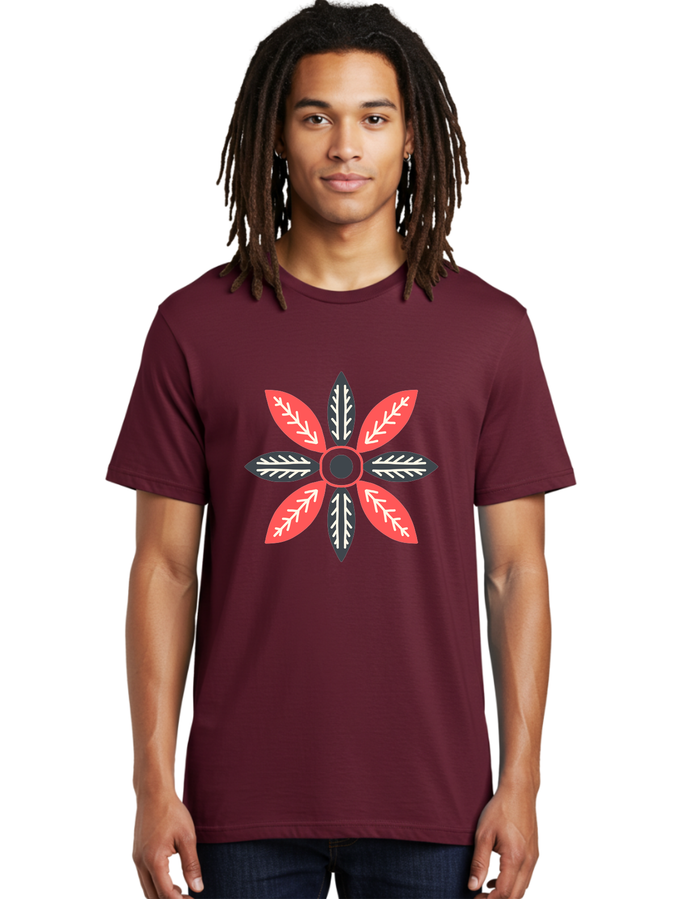 Floral-Emblem Men'S Graphic Tee, 100% Cotton, Comfortable Casual Summer Wear, Machine Washable, Symmetrical Floral Design, Red And Black Petals, White Leaf Details, Circular Pattern, Abstract Flower, Geometric Shapes, Graphic Illustration, Aab701