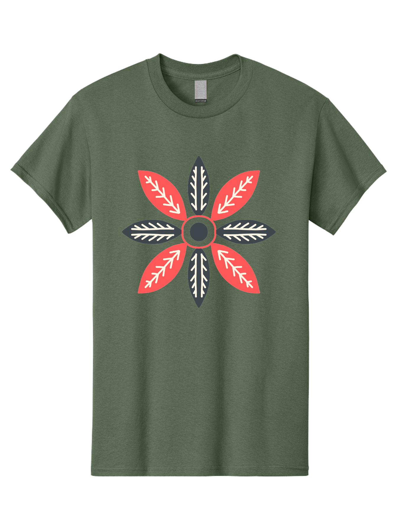 Floral-Emblem Men'S Graphic Tee, 100% Cotton, Comfortable Casual Summer Wear, Machine Washable, Symmetrical Floral Design, Red And Black Petals, White Leaf Details, Circular Pattern, Abstract Flower, Geometric Shapes, Graphic Illustration, Aab701