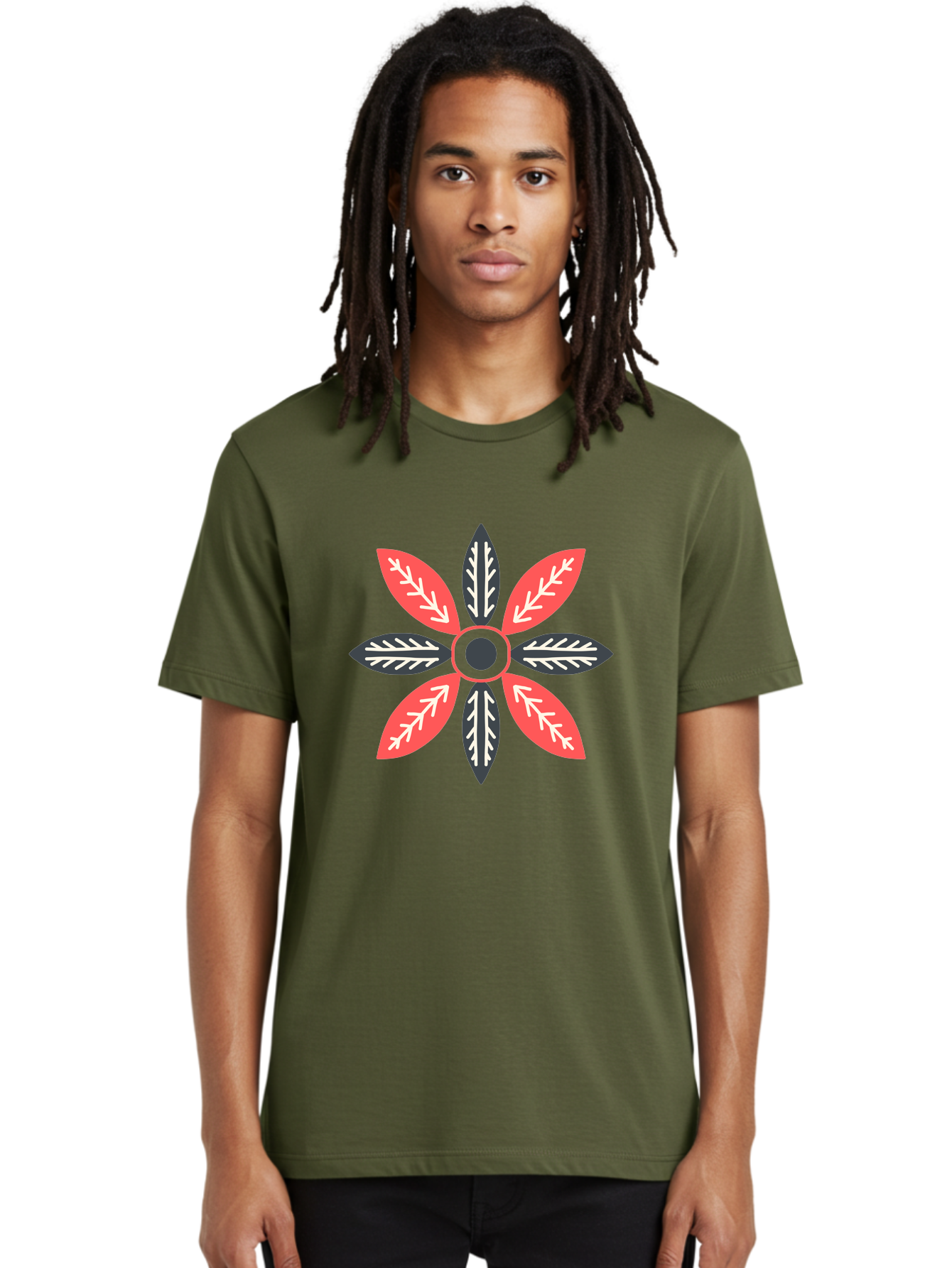 Floral-Emblem Men'S Graphic Tee, 100% Cotton, Comfortable Casual Summer Wear, Machine Washable, Symmetrical Floral Design, Red And Black Petals, White Leaf Details, Circular Pattern, Abstract Flower, Geometric Shapes, Graphic Illustration, Aab701