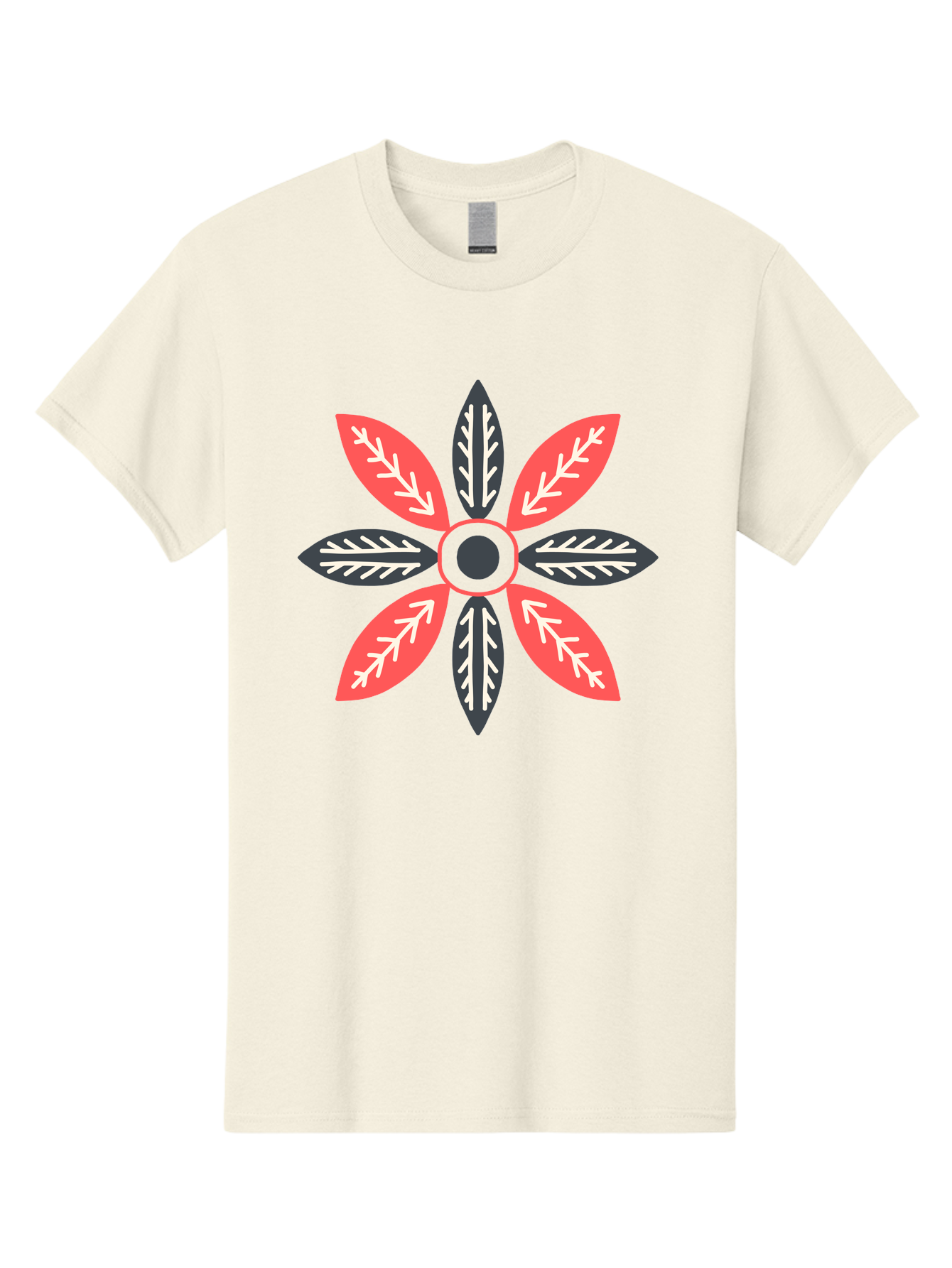 Floral-Emblem Men'S Graphic Tee, 100% Cotton, Comfortable Casual Summer Wear, Machine Washable, Symmetrical Floral Design, Red And Black Petals, White Leaf Details, Circular Pattern, Abstract Flower, Geometric Shapes, Graphic Illustration, Aab701