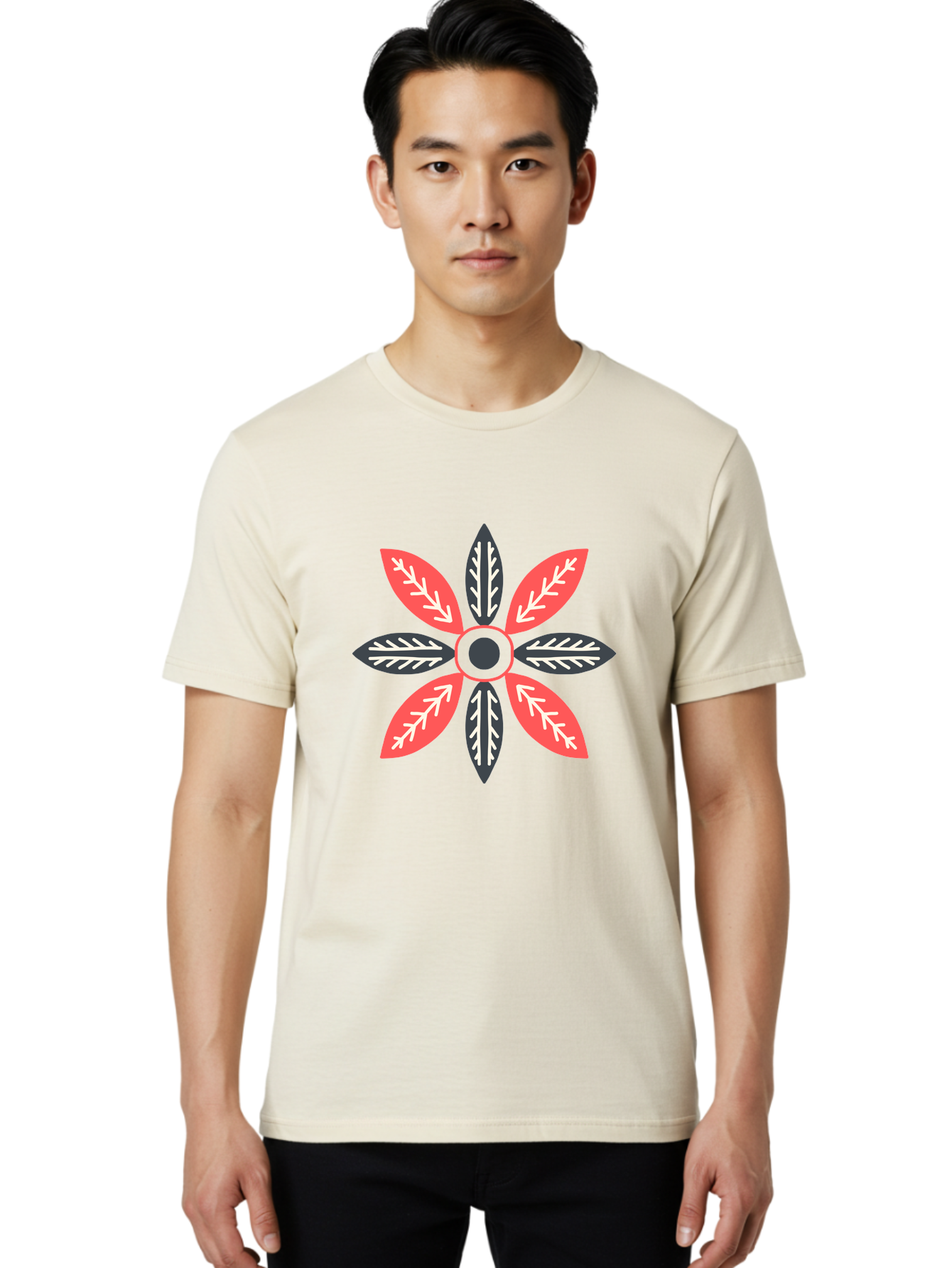 Floral-Emblem Men'S Graphic Tee, 100% Cotton, Comfortable Casual Summer Wear, Machine Washable, Symmetrical Floral Design, Red And Black Petals, White Leaf Details, Circular Pattern, Abstract Flower, Geometric Shapes, Graphic Illustration, Aab701