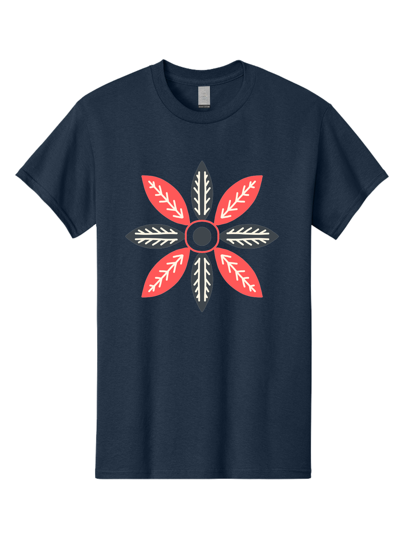 Floral-Emblem Men'S Graphic Tee, 100% Cotton, Comfortable Casual Summer Wear, Machine Washable, Symmetrical Floral Design, Red And Black Petals, White Leaf Details, Circular Pattern, Abstract Flower, Geometric Shapes, Graphic Illustration, Aab701