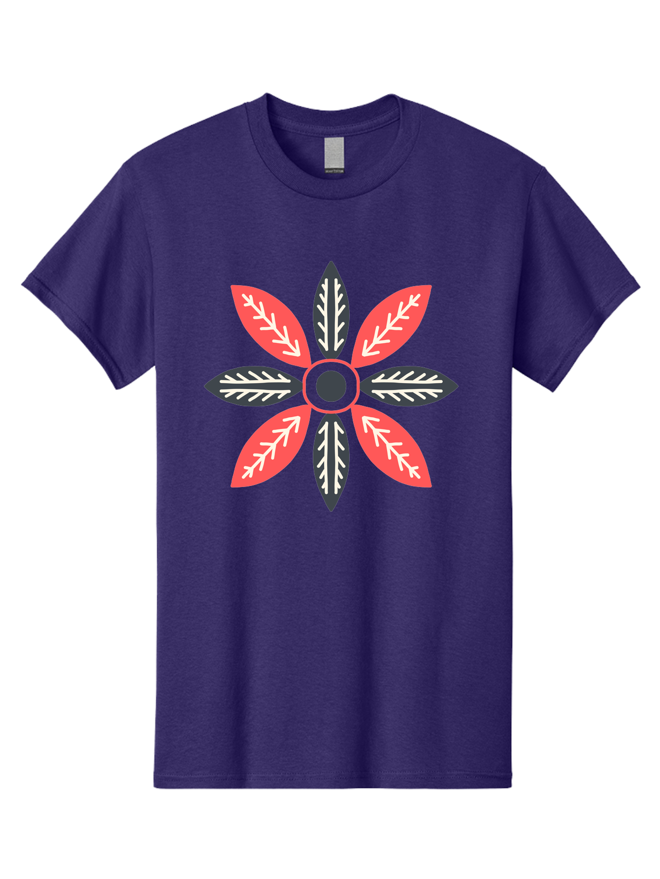 Floral-Emblem Men'S Graphic Tee, 100% Cotton, Comfortable Casual Summer Wear, Machine Washable, Symmetrical Floral Design, Red And Black Petals, White Leaf Details, Circular Pattern, Abstract Flower, Geometric Shapes, Graphic Illustration, Aab701