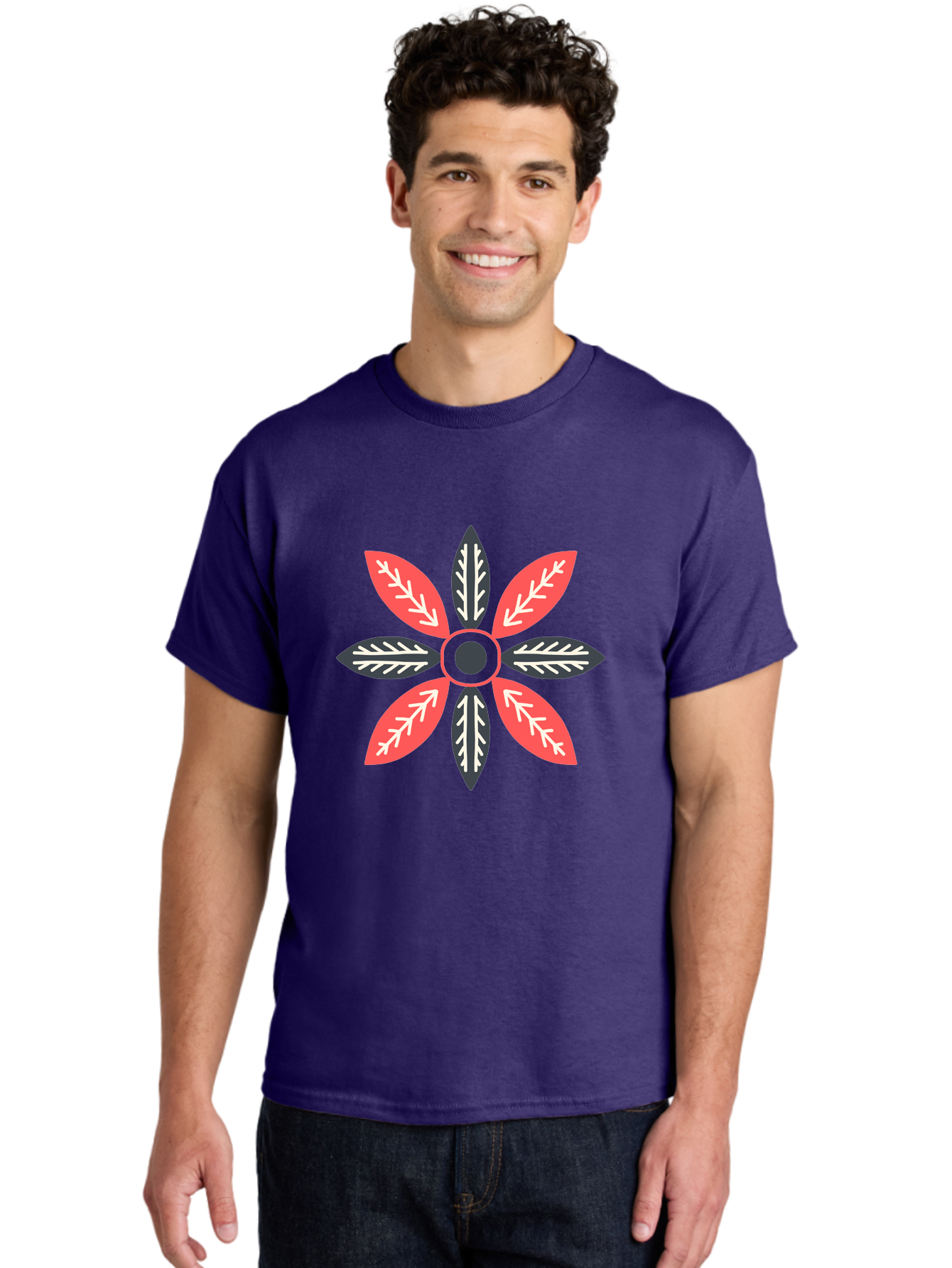Floral-Emblem Men'S Graphic Tee, 100% Cotton, Comfortable Casual Summer Wear, Machine Washable, Symmetrical Floral Design, Red And Black Petals, White Leaf Details, Circular Pattern, Abstract Flower, Geometric Shapes, Graphic Illustration, Aab701