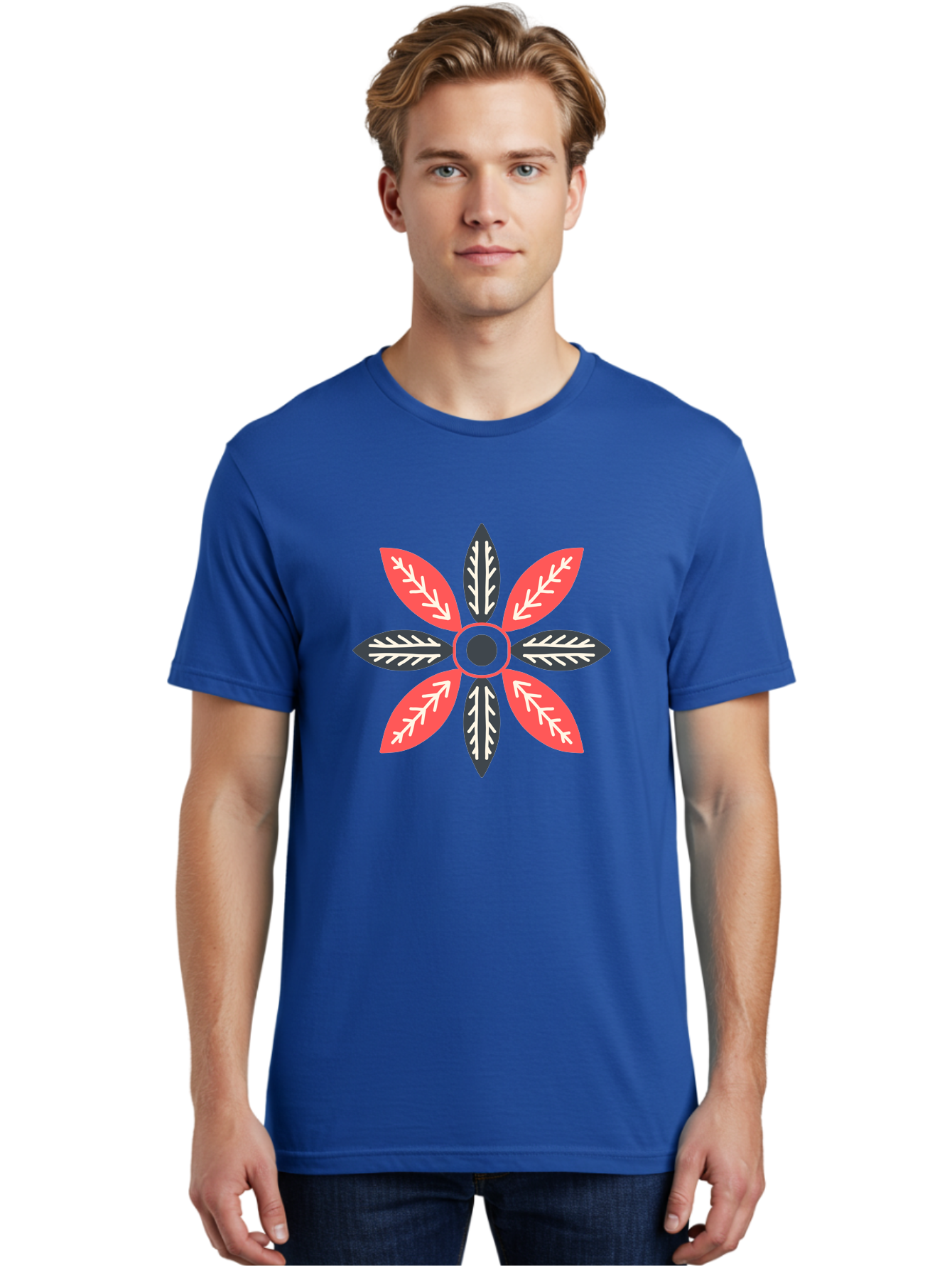 Floral-Emblem Men'S Graphic Tee, 100% Cotton, Comfortable Casual Summer Wear, Machine Washable, Symmetrical Floral Design, Red And Black Petals, White Leaf Details, Circular Pattern, Abstract Flower, Geometric Shapes, Graphic Illustration, Aab701