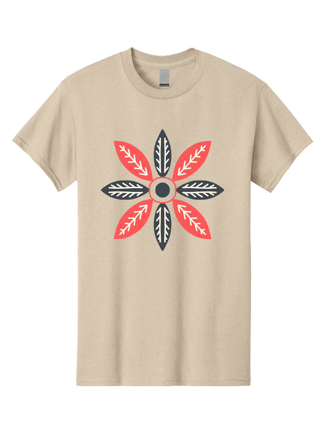 Floral-Emblem Men'S Graphic Tee, 100% Cotton, Comfortable Casual Summer Wear, Machine Washable, Symmetrical Floral Design, Red And Black Petals, White Leaf Details, Circular Pattern, Abstract Flower, Geometric Shapes, Graphic Illustration, Aab701