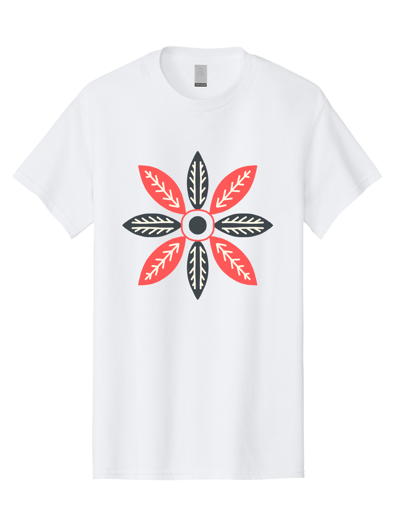 Floral-Emblem Men'S Graphic Tee, 100% Cotton, Comfortable Casual Summer Wear, Machine Washable, Symmetrical Floral Design, Red And Black Petals, White Leaf Details, Circular Pattern, Abstract Flower, Geometric Shapes, Graphic Illustration, Aab701