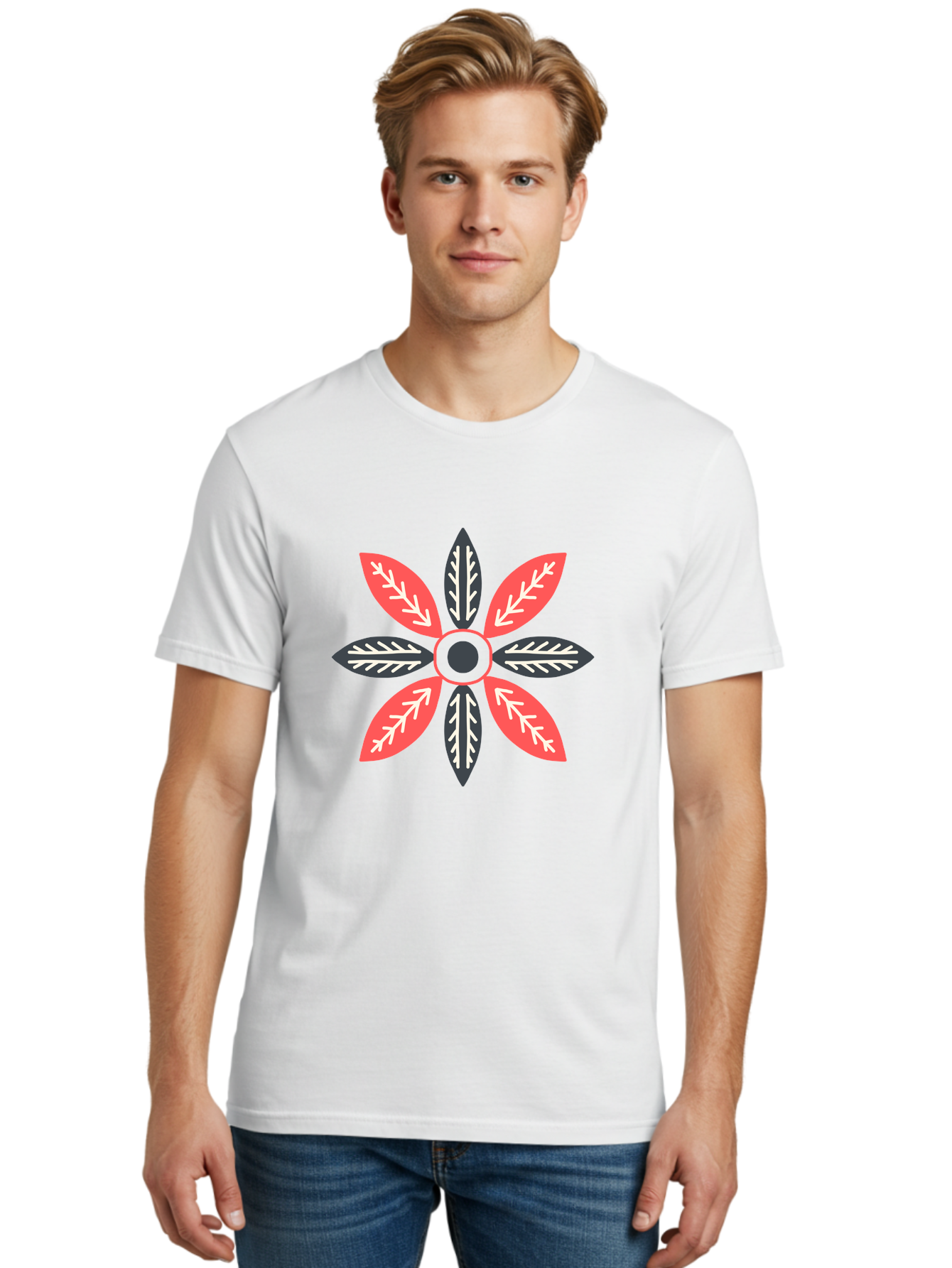 Floral-Emblem Men'S Graphic Tee, 100% Cotton, Comfortable Casual Summer Wear, Machine Washable, Symmetrical Floral Design, Red And Black Petals, White Leaf Details, Circular Pattern, Abstract Flower, Geometric Shapes, Graphic Illustration, Aab701