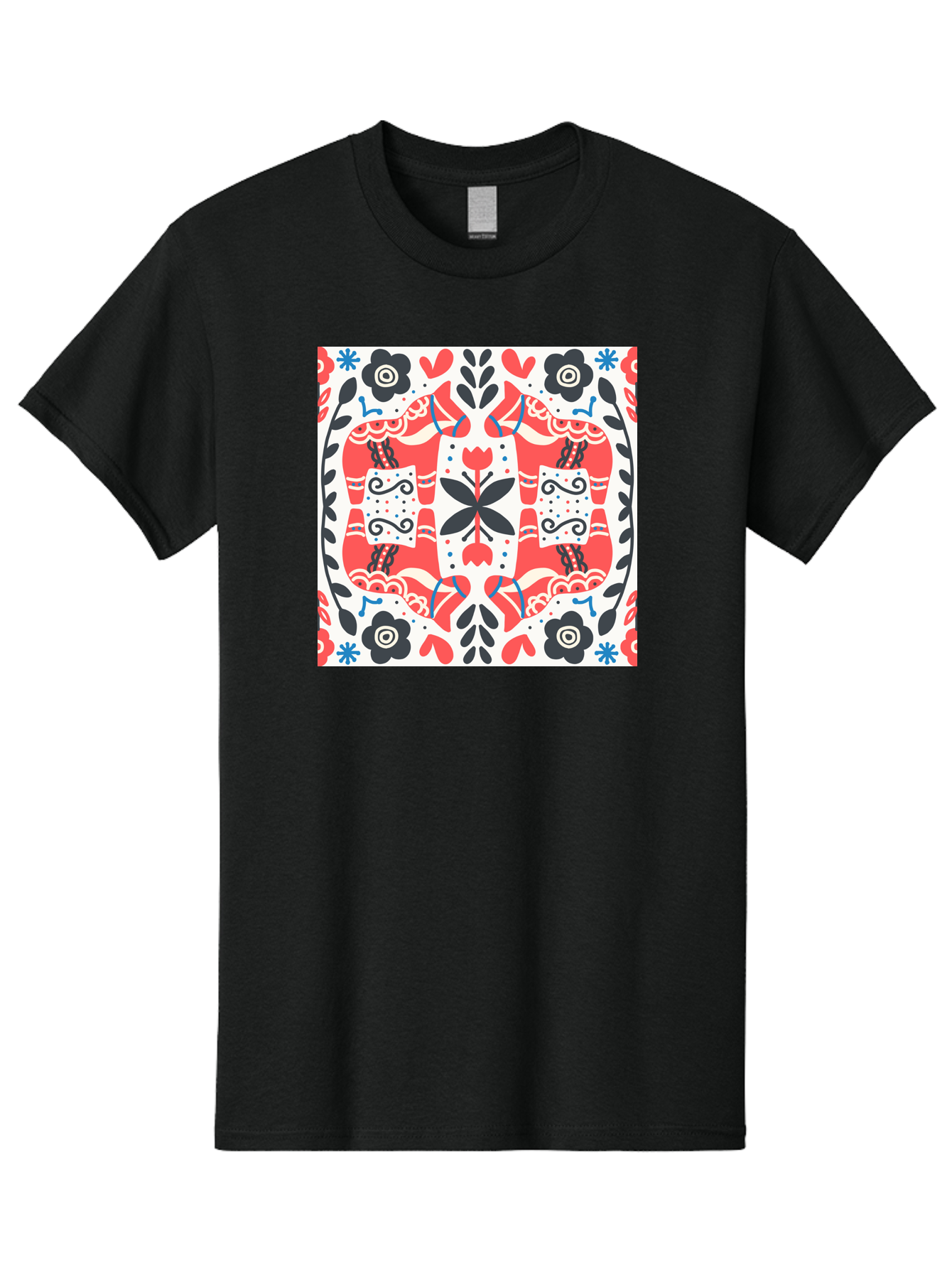 Floral-Pattern-1 Men'S Graphic Tee, 100% Cotton, Comfortable Casual Summer Wear, Machine Washable, Symmetrical Floral Design, Folk Art Style, Red And Black Flowers, Ornate Details, Blue Accents, Traditional Motifs, Decorative Elements, Aab702