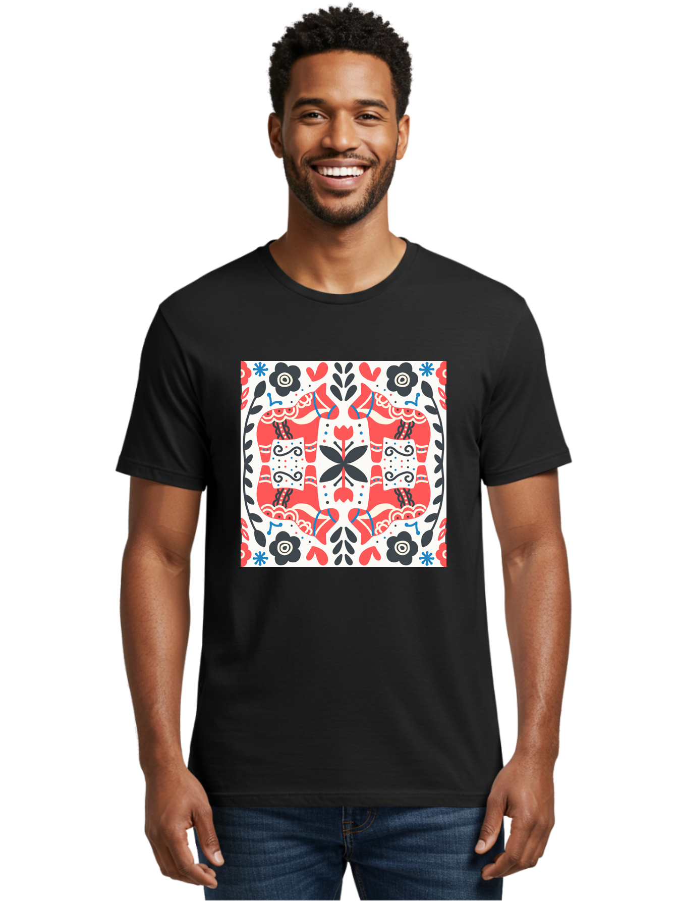 Floral-Pattern-1 Men'S Graphic Tee, 100% Cotton, Comfortable Casual Summer Wear, Machine Washable, Symmetrical Floral Design, Folk Art Style, Red And Black Flowers, Ornate Details, Blue Accents, Traditional Motifs, Decorative Elements, Aab702